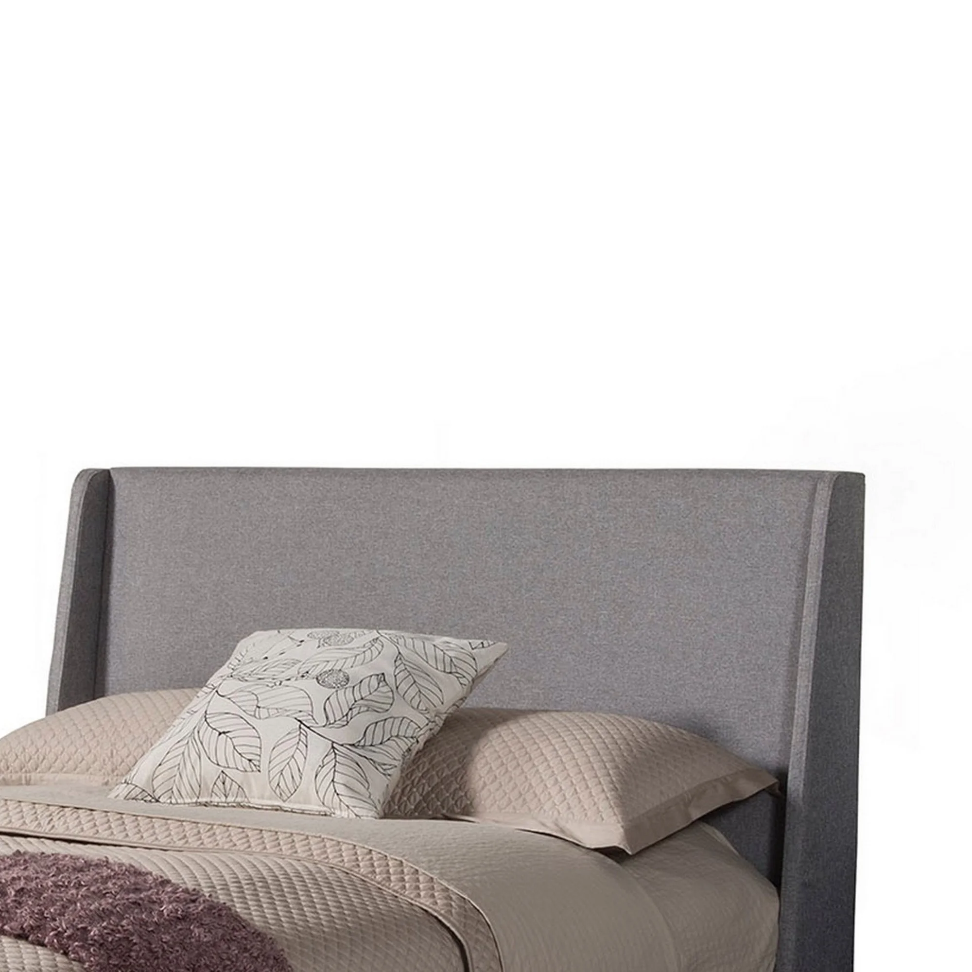 Eva Low Profile Full Size Bed, Gray Linen Upholstery, Shelter Headboard- Saltoro Sherpi