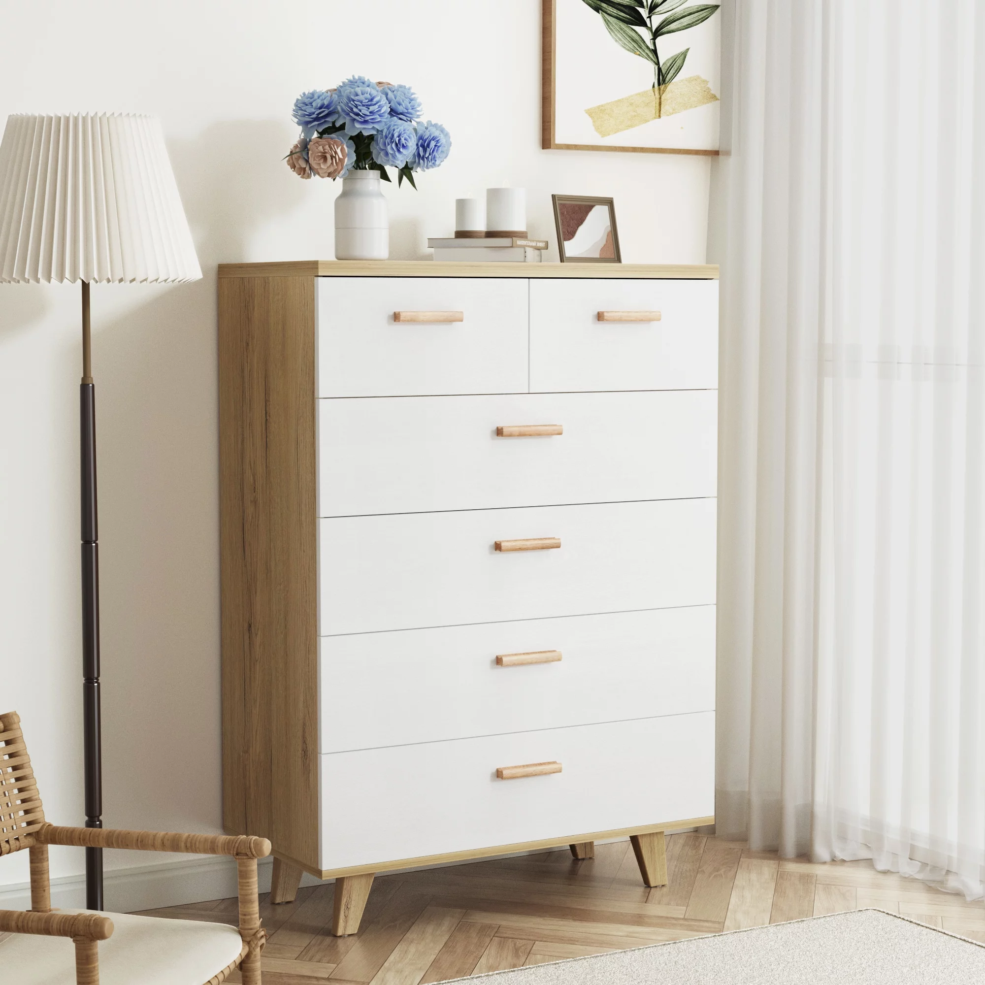 Modern Dresser for Bedroom, 6 Drawers White Dresser with Wood Handles for Hallway, Closet, Entryway