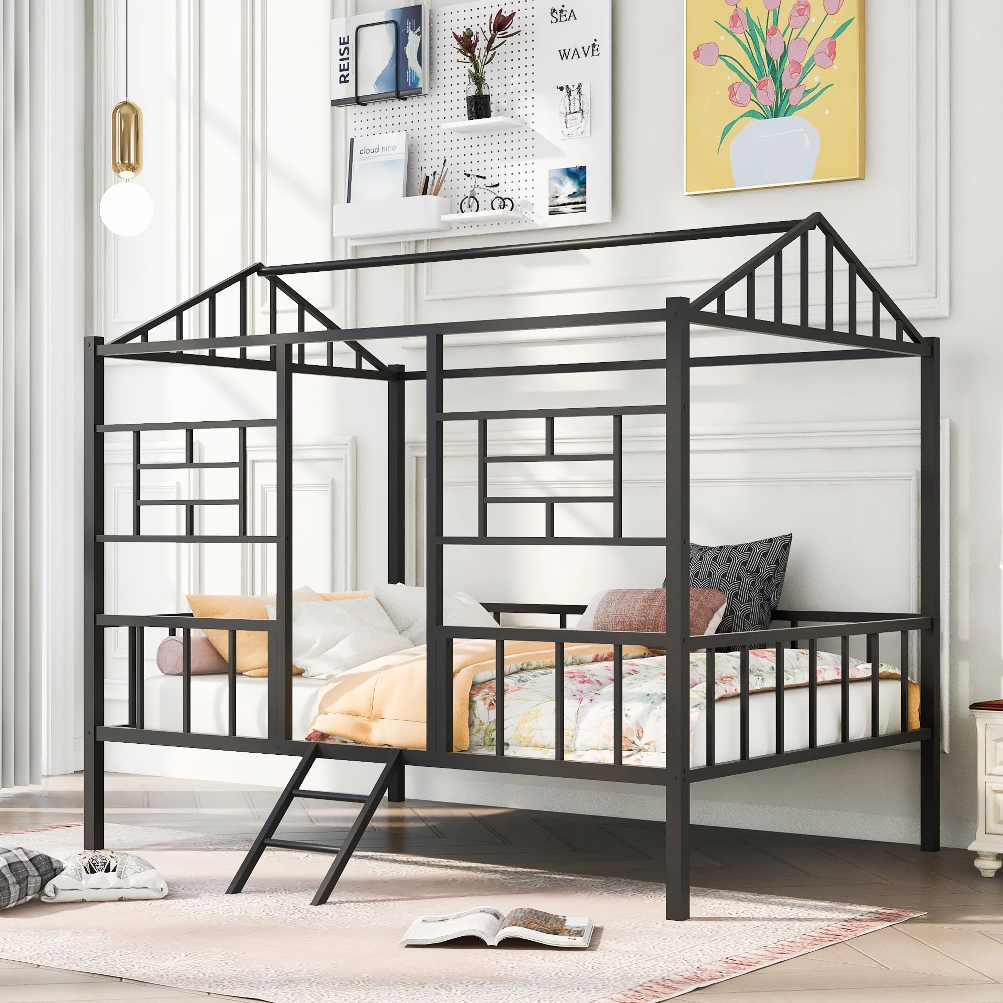 ikayaa Metal House Bed Frame Full Size with Slatted Support No Box Spring Needed Black