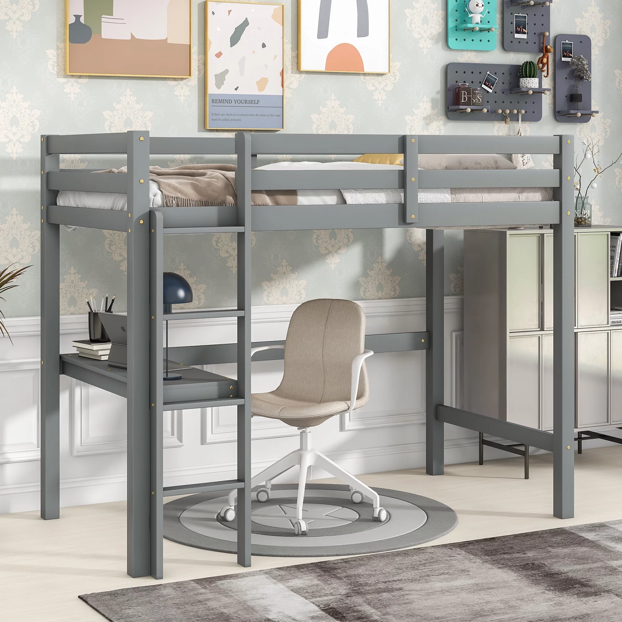 Gewnee Pine Wood Twin Size Loft Bed with Built-in Desk and Guardrail for Kids Room,Gray