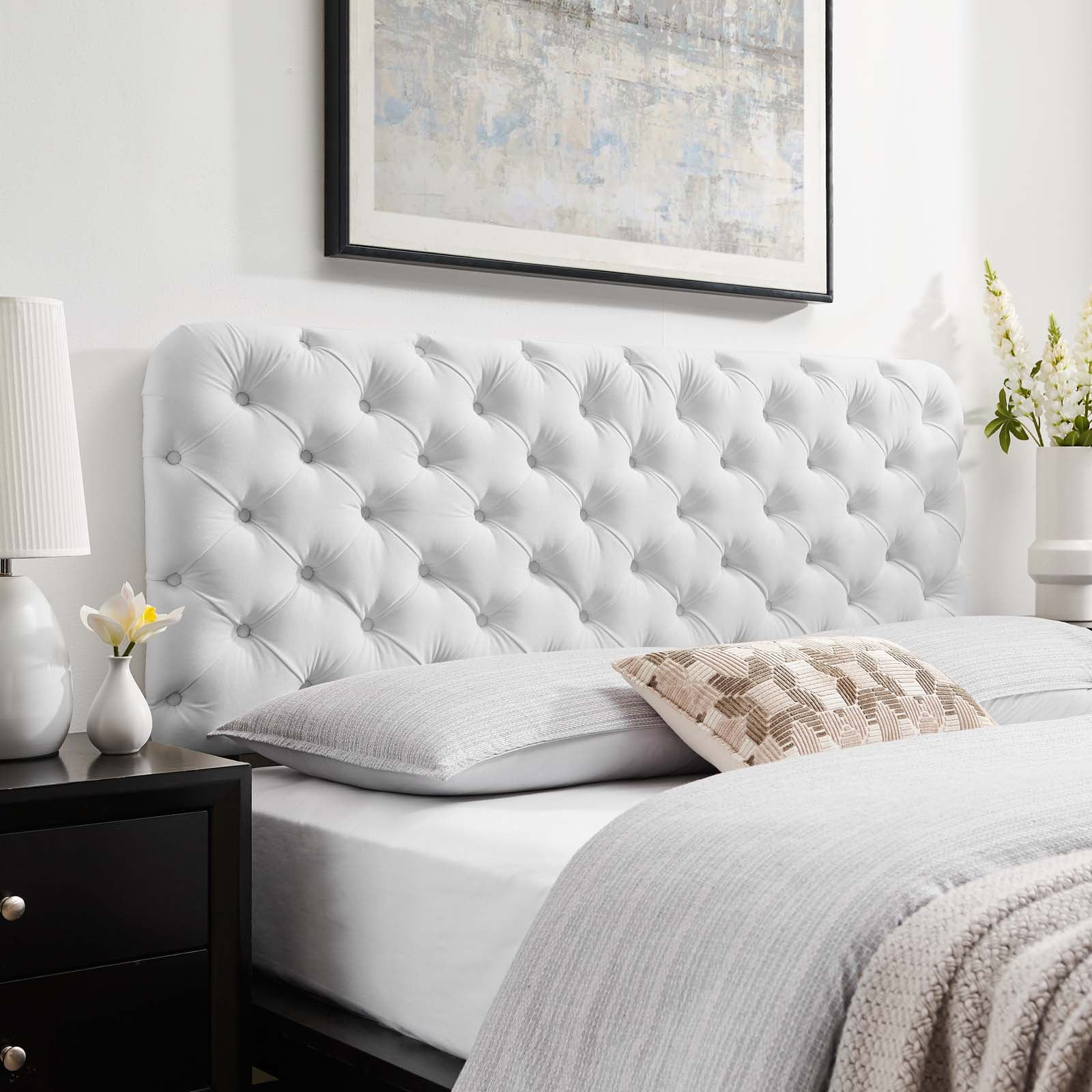 Tufted Headboard, Full Queen Size, Velvet, White, Modern Contemporary Urban Design, Bedroom Master Guest Suite