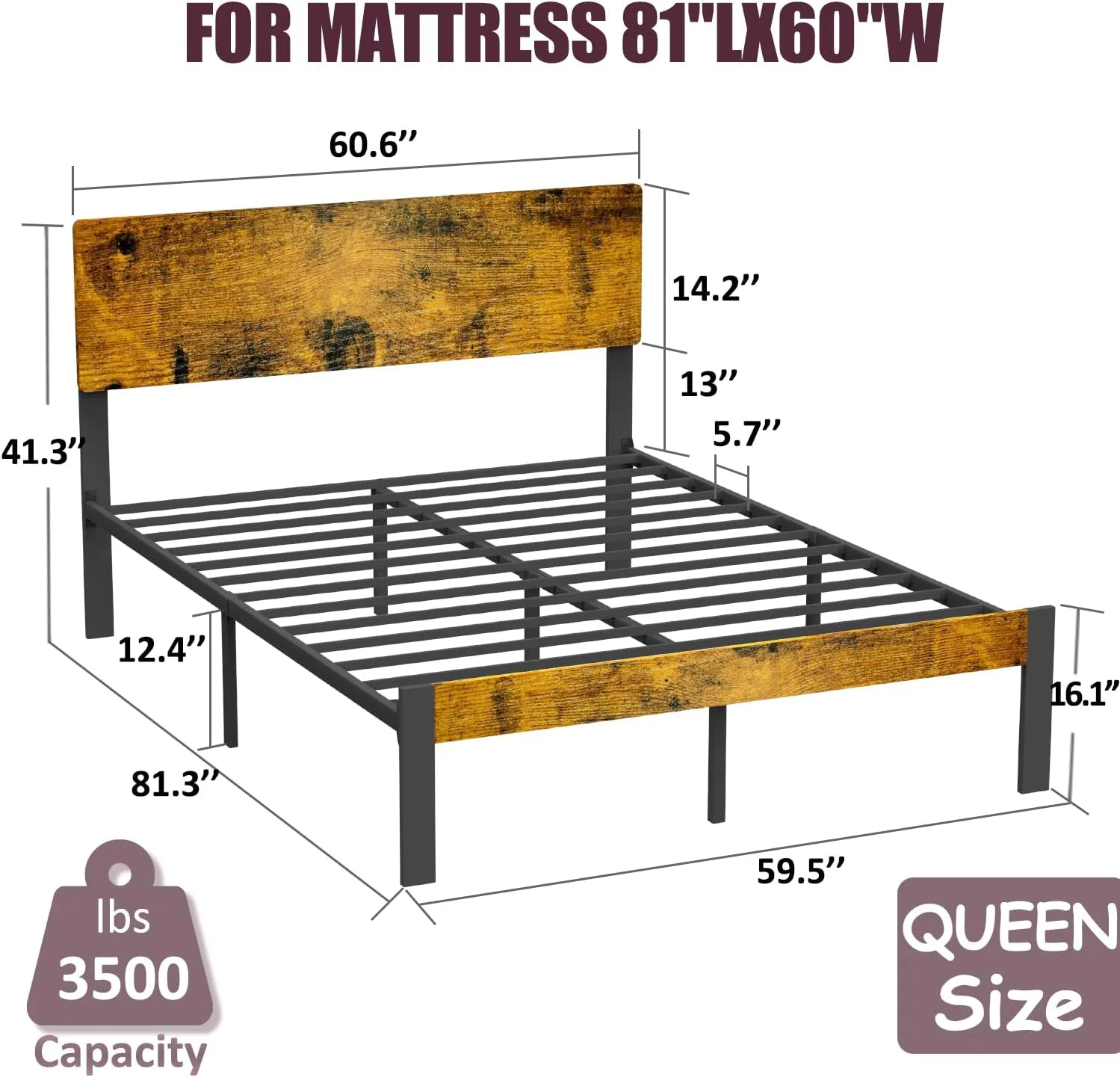 YINCHEN Bed Frame with Wooden Headboard and Footboard, Metal Platform Bed Frame with Strong Steel Slat Support, Mattress Foundation/No Box Spring Needed/Non-Slip/Noise Free (Queen)