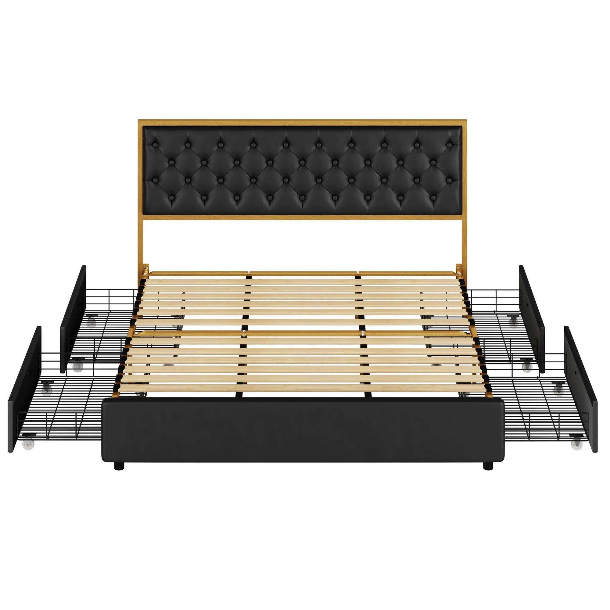 Homfa King Size Bed Frame with 4 Drawers, Platform Bed Frame with PU Leather Button Tufted Upholstered Headboard, Mattress Foundation, Black