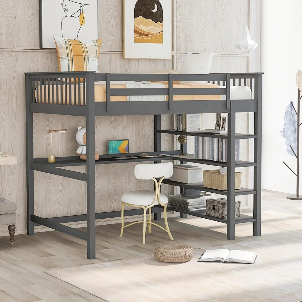 CHURANTY Full Size Rubber Wooden Loft Bed, Space-Saving Loft Bed Frame with Storage Shelves and Under-Bed Desk for Study