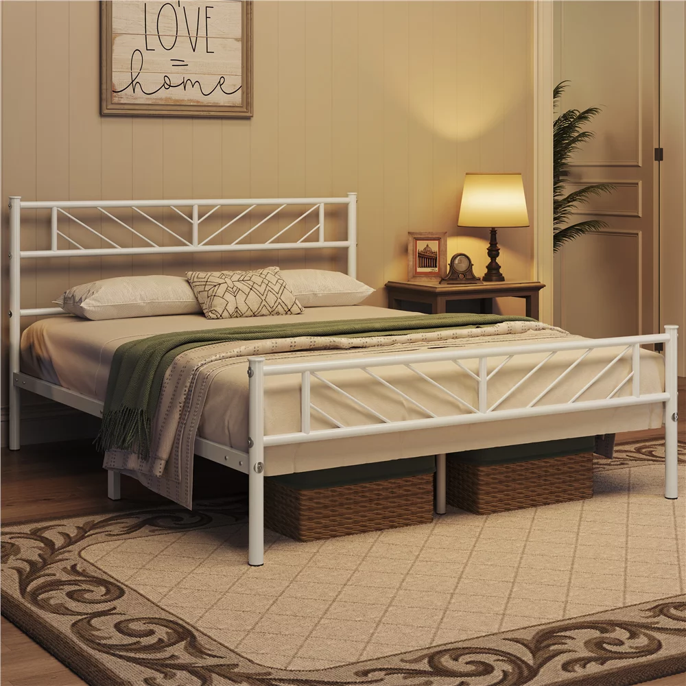 Topeakmart Full Size Metal Platform Bed Frame with Headboard and Footboard, White