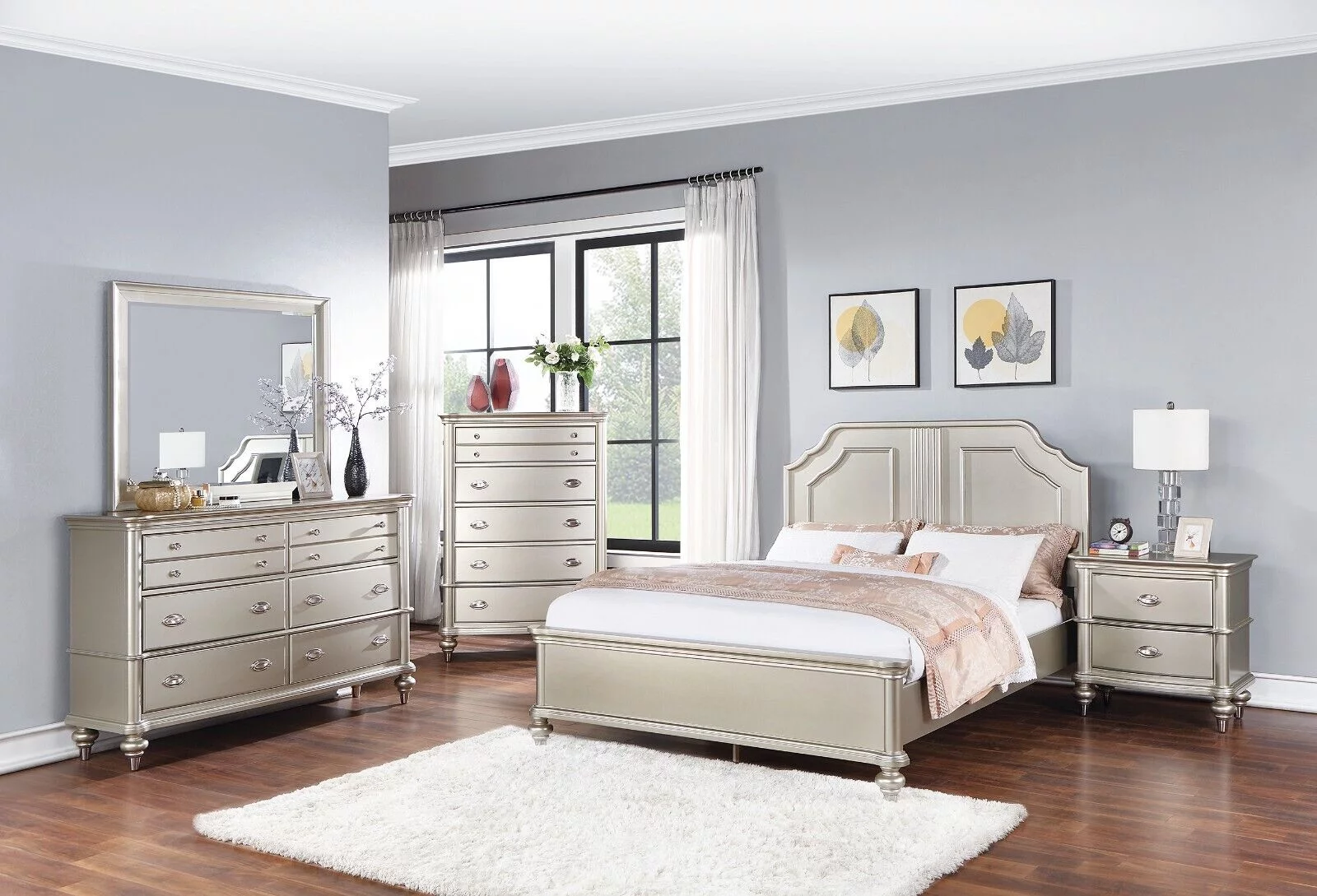 Bedroom 6pc Eastern King Size Bed Set Silver Finish Dresser Mirror Nightstands Chest Furniture Classic Elegant