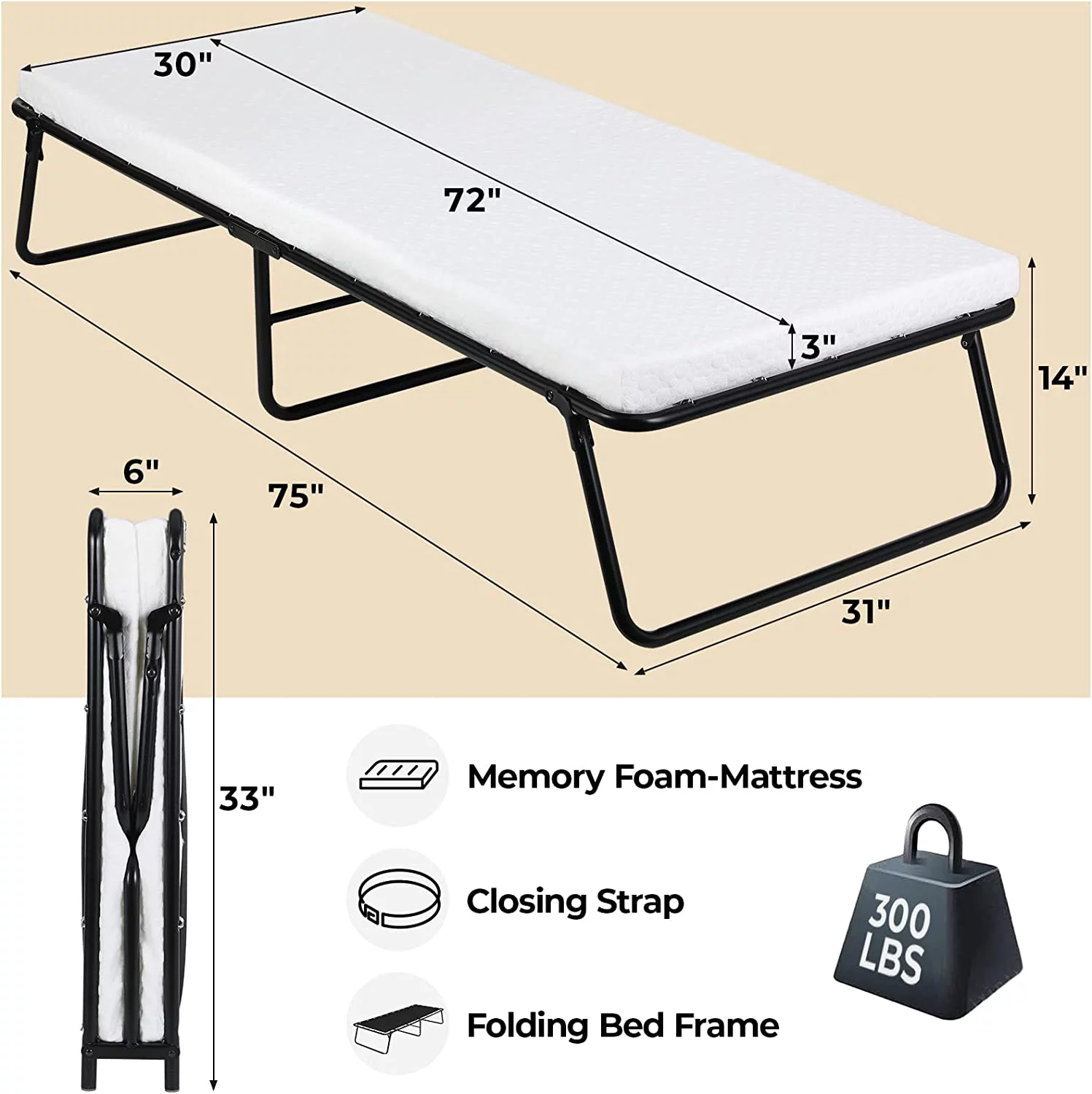Folding Bed,Rollaway Bed with Mattress for Adults,Foldable Bed,Portable Bed,Metal Bed Frame with Memory Foam Mattress, Guest Bed for Bedroom,Office,Camp,No Assembly Required,(75