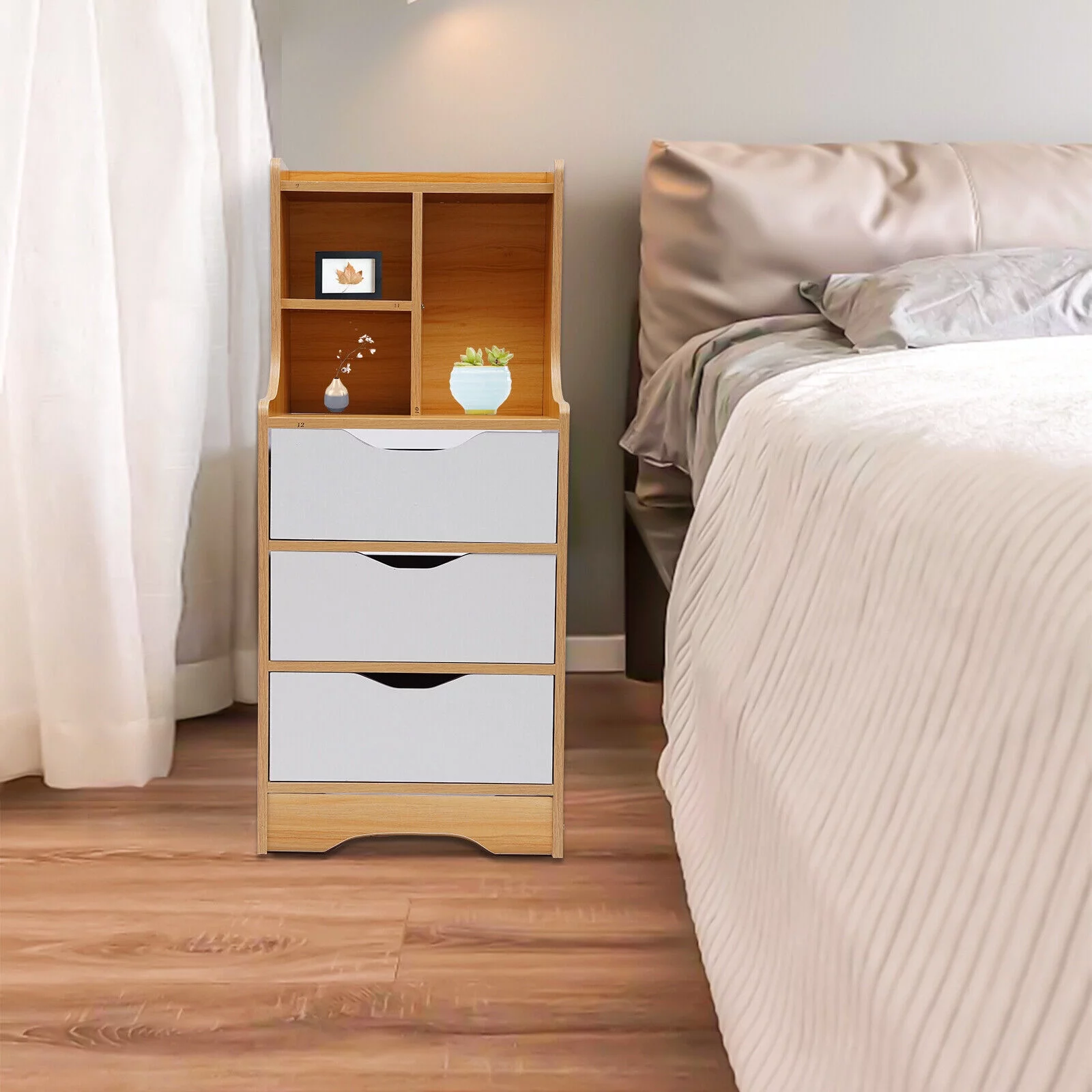CNCEST 3 Drawer Wood Nightstand Sofa End Table Bedroom Tall Side Table Storage Cabinet 30kg