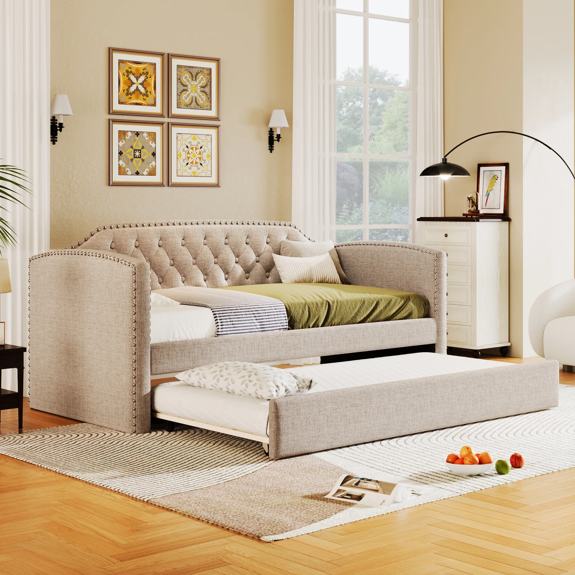 Beige Twin Daybed with Trundle - Ideal for Guest & Small Rooms