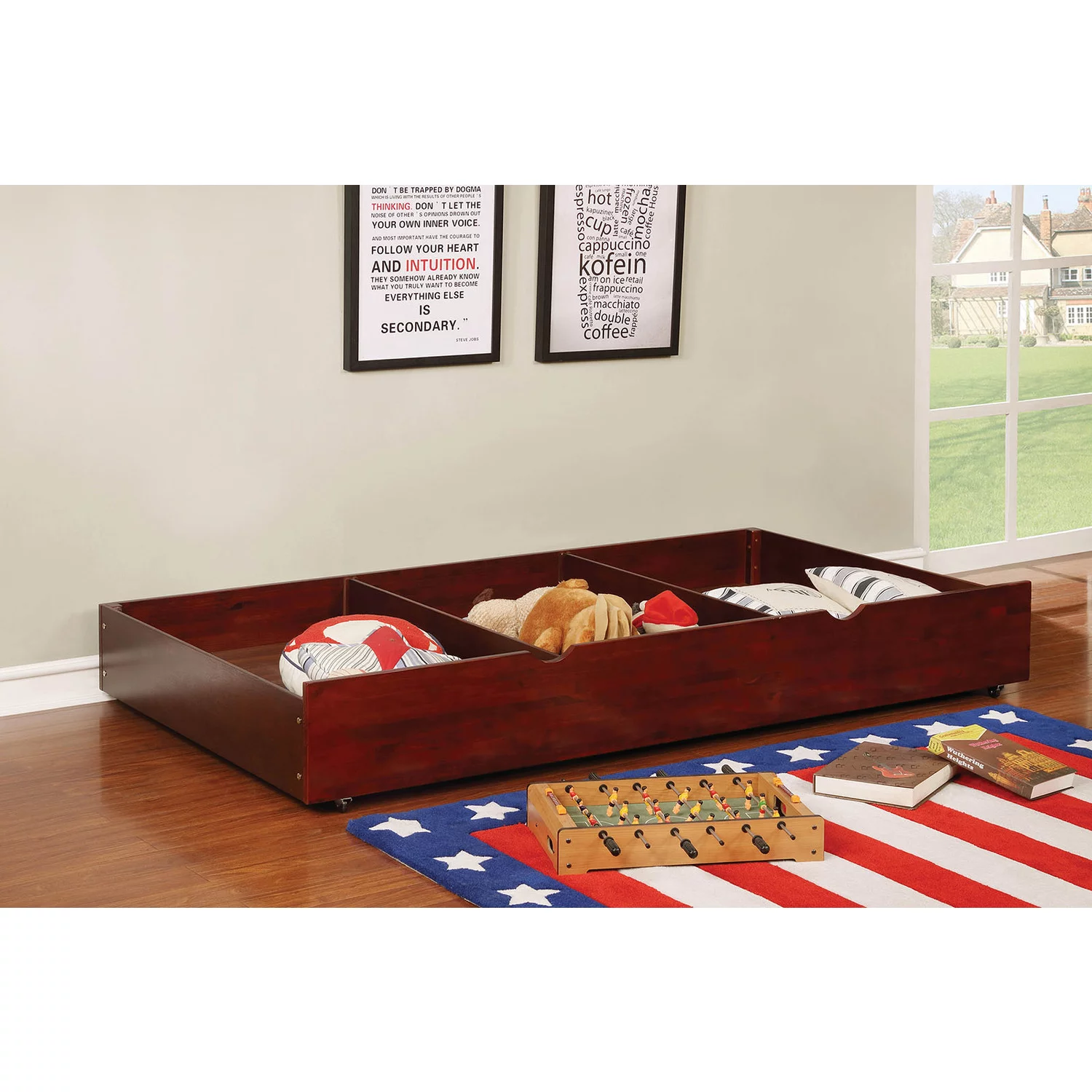 Benzara Transitional Style Wooden Trundle With Large Storage Drawer, Warm Cherry Brown
