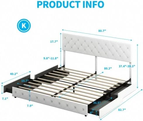 YPZBBOOM Upholstered Bed Frame with 4  Drawers  PU Leather King Size Platform Bed Frames with Adjustable Headboard  No Box Spring Needed/Easy Assembly/No Mattress (King  Dark Grey)