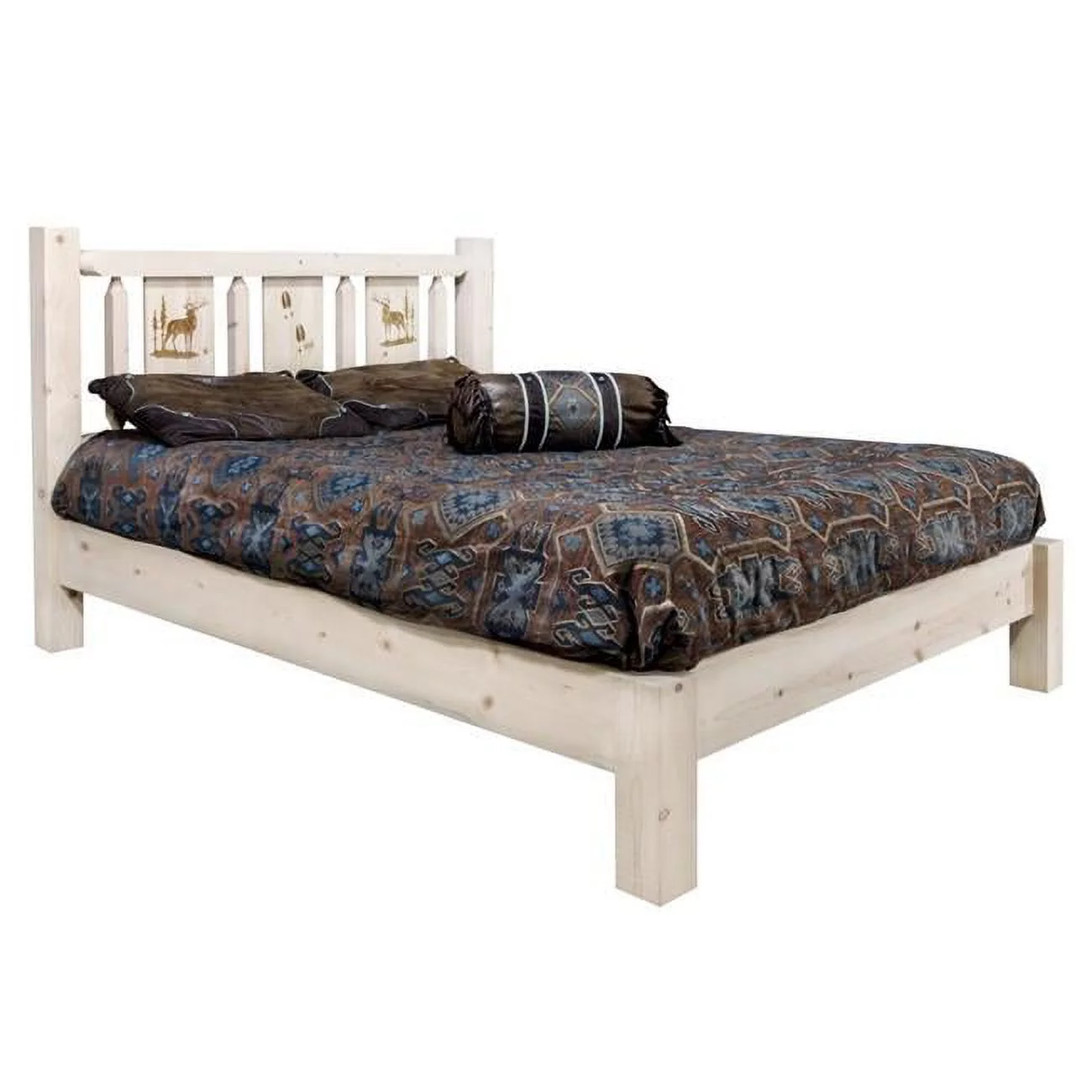 Homestead Collection Full Size Platform Bed with Laser Engraved Elk Design, Clear Lacquer Finish