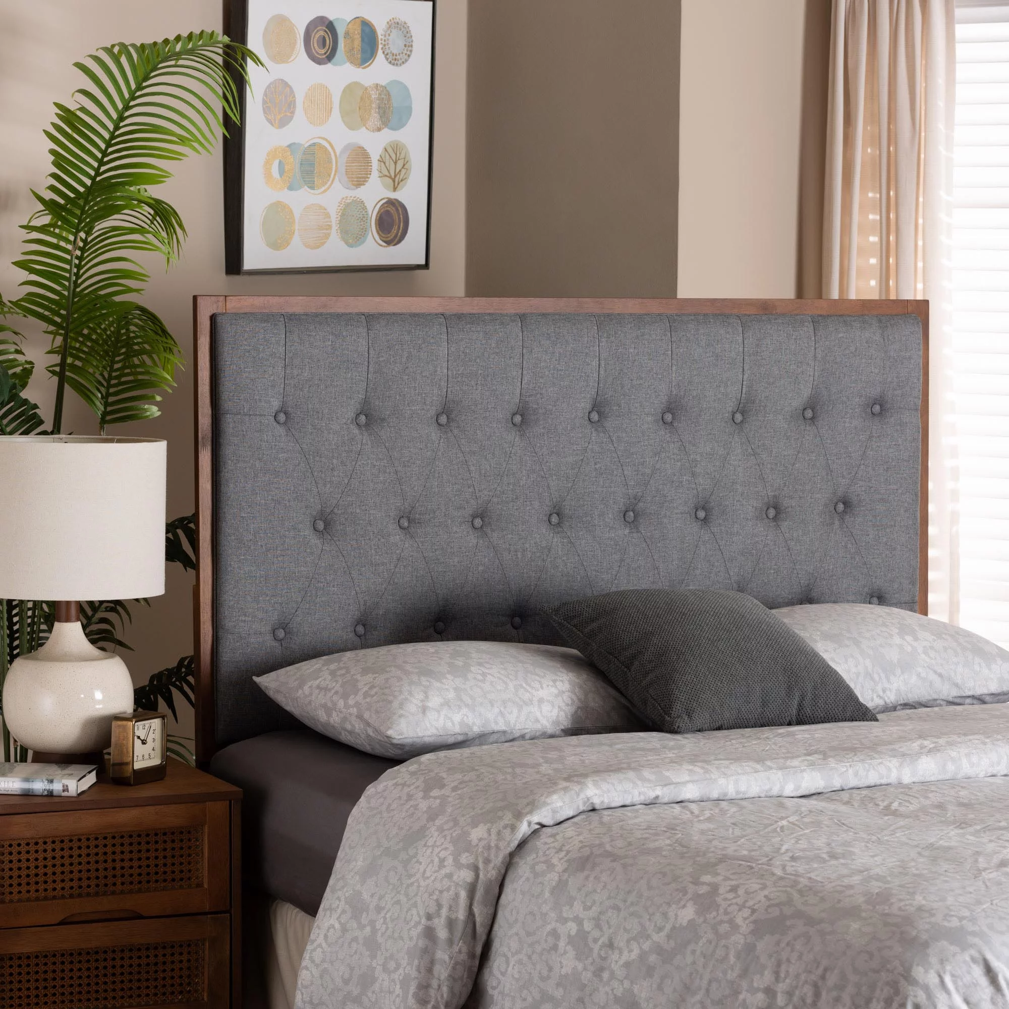 Baxton Studio Harumi Classic and Traditional Grey Fabric and Walnut Brown Finished Wood Queen size Headboard