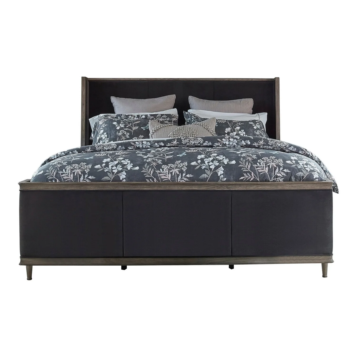 Benjara BM302737 Straight Accents Wingback Padded Upholstered Sili King Size Bed, Gray & Brown