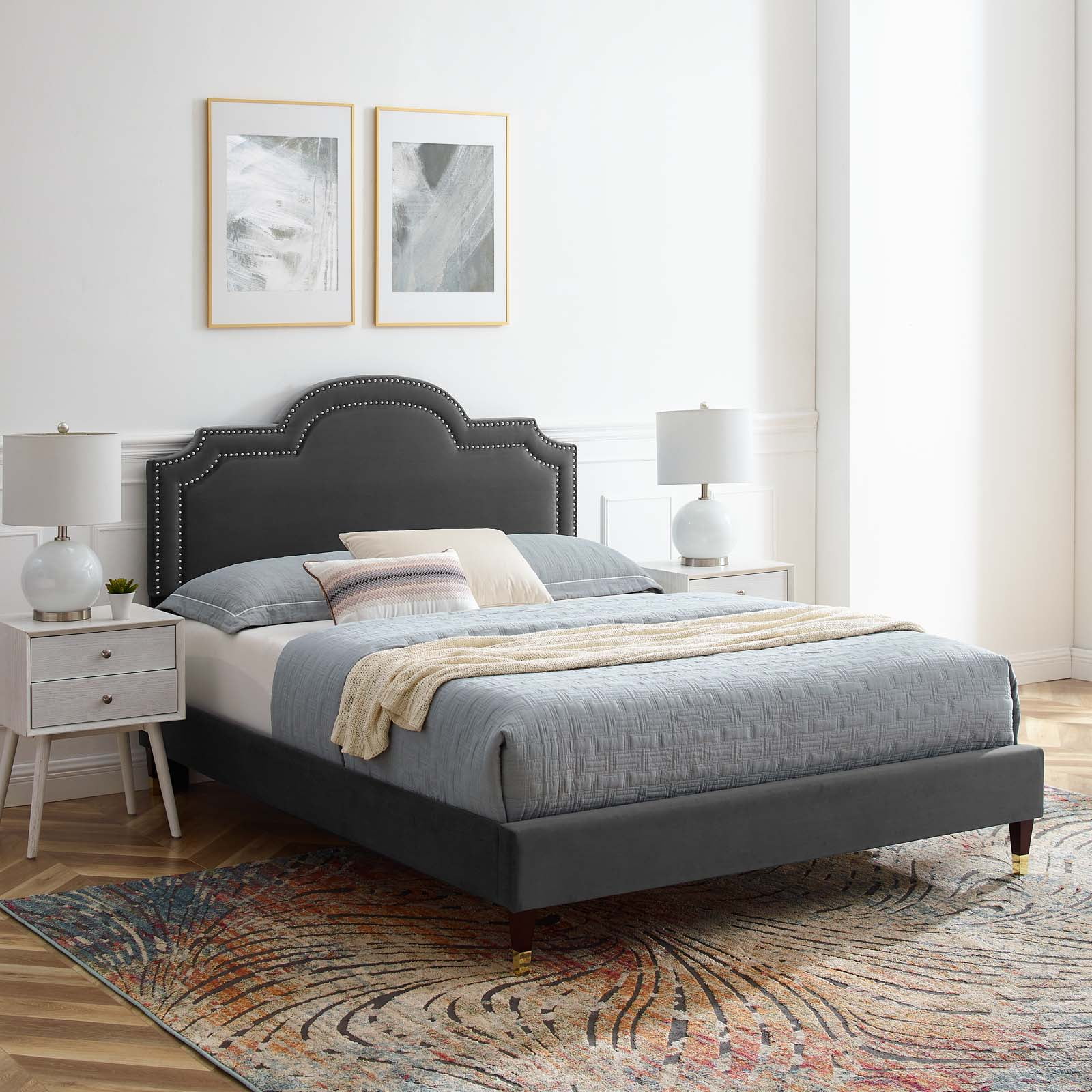 Modway Aviana Performance Velvet Queen Bed in Charcoal