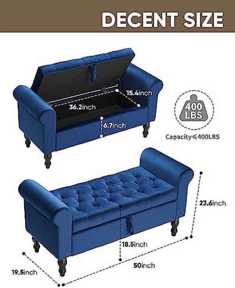 xrboomlife Bench Bedroom Rolled Arm Ottoman Bench End of Bed Folding Rectangle Ottoman for Bedroom Blue