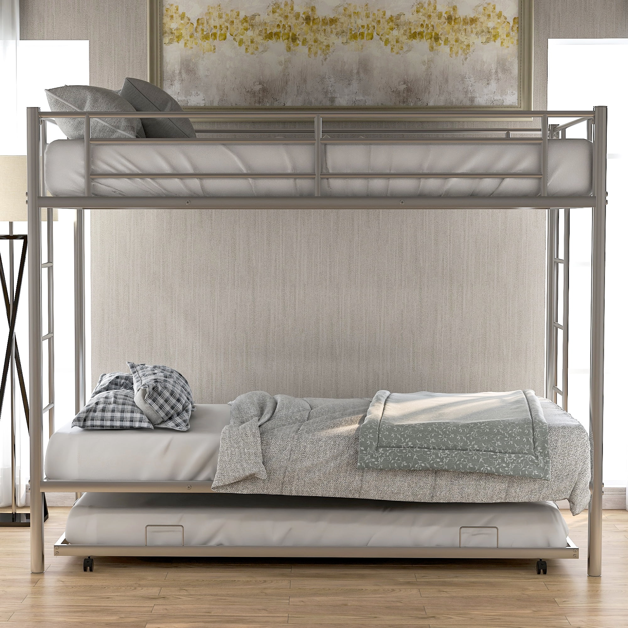 Kids Bunk Beds Twin over Twin, MDHAND Metal Full over Full Bunk Bed Frame, Space Saving Bunk Beds for Kids Adults Teens, Solid Bunk Beds with 2 Ladder/Safety Rail, No Box Spring Need, Silver, V286
