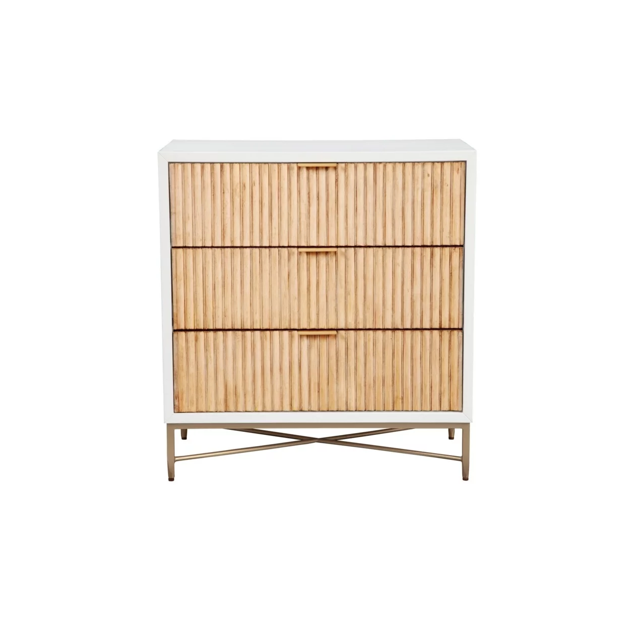 Eli 34 Inch 3 Drawer Small Dresser Nightstand, Corrugated Panels, White, Gold- Saltoro Sherpi