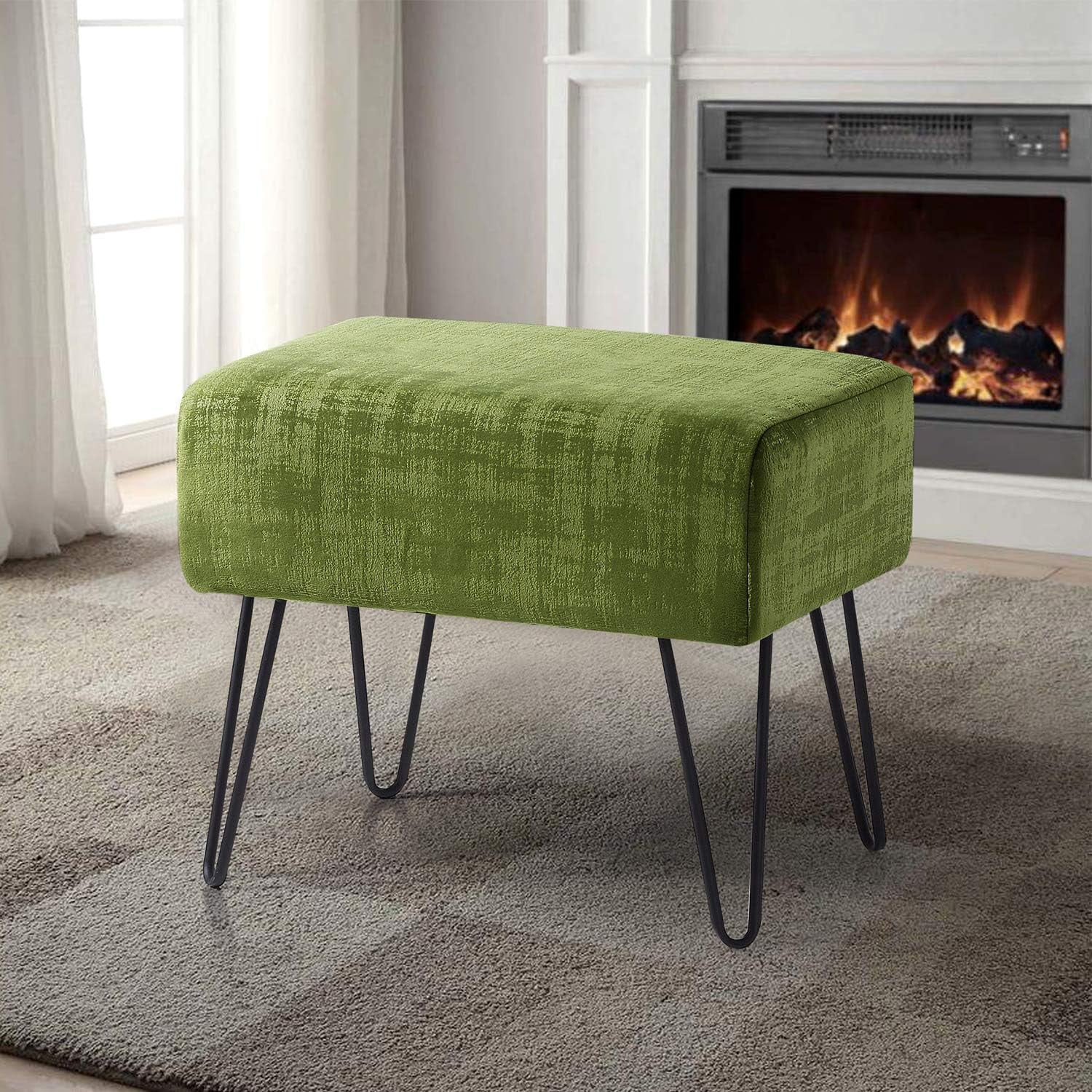 Green Textured Velvet Ottoman, Calla Green, 19'' X 13'' X 17'' H, Fuzzy Entry Way Ottoman Bench For Living Room Bedroom End Of Bed Decorative Makeup Stool Foot Rest Chair Home Décor