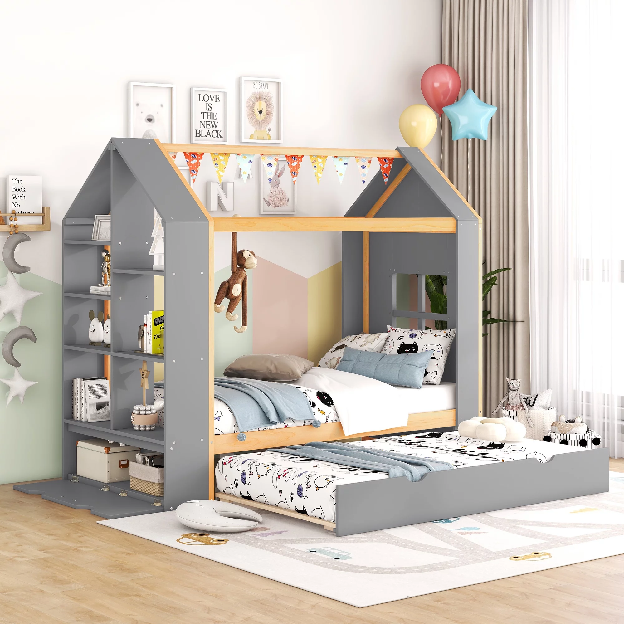 Euroco Wood Twin Size House Bed with Trundle, Display Cabinet for Kids Bedroom, House-Shaped Woof and Window, Gray