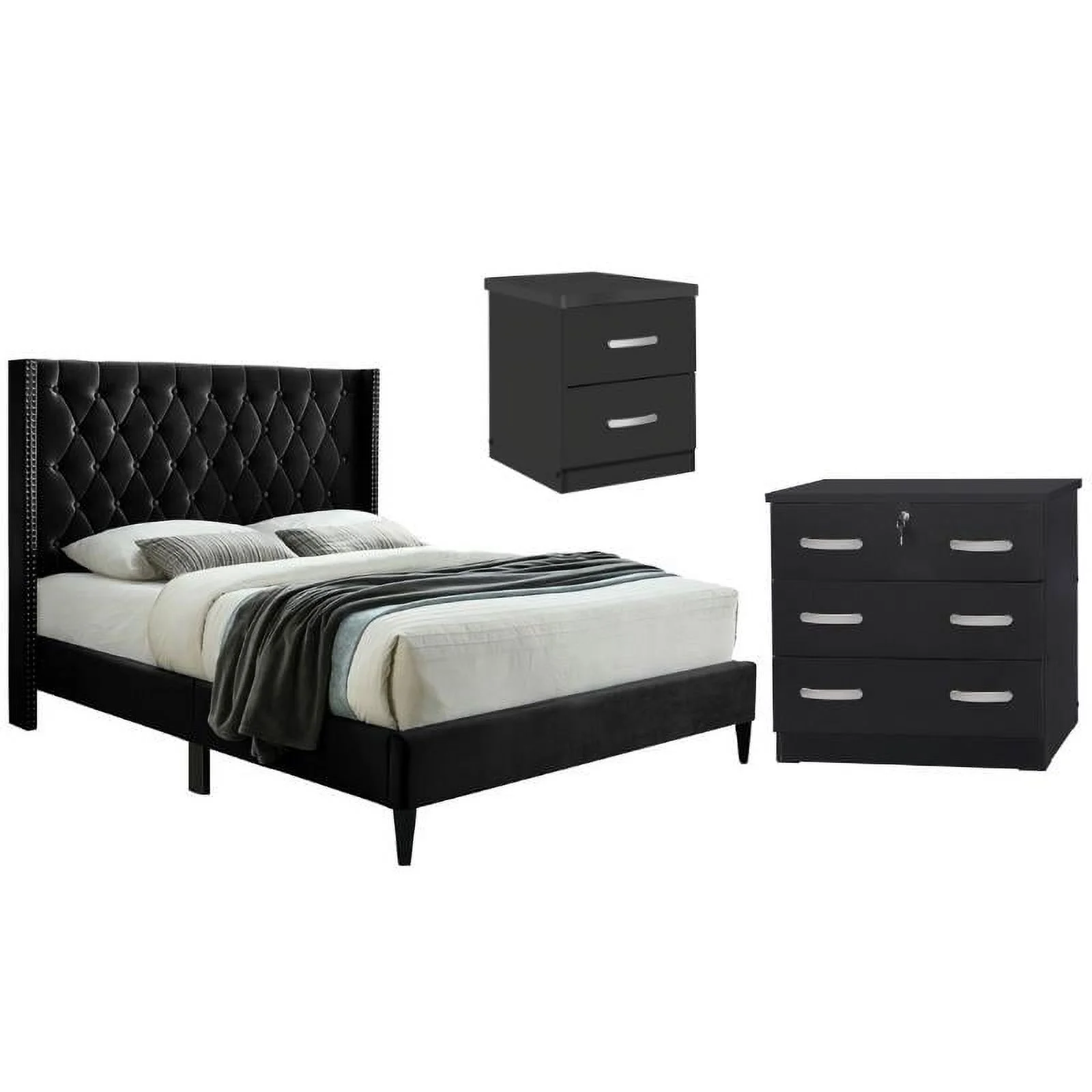Home Square 3-Piece Set with Tufted Full Bed Chest Bedroom Dresser Nightstand