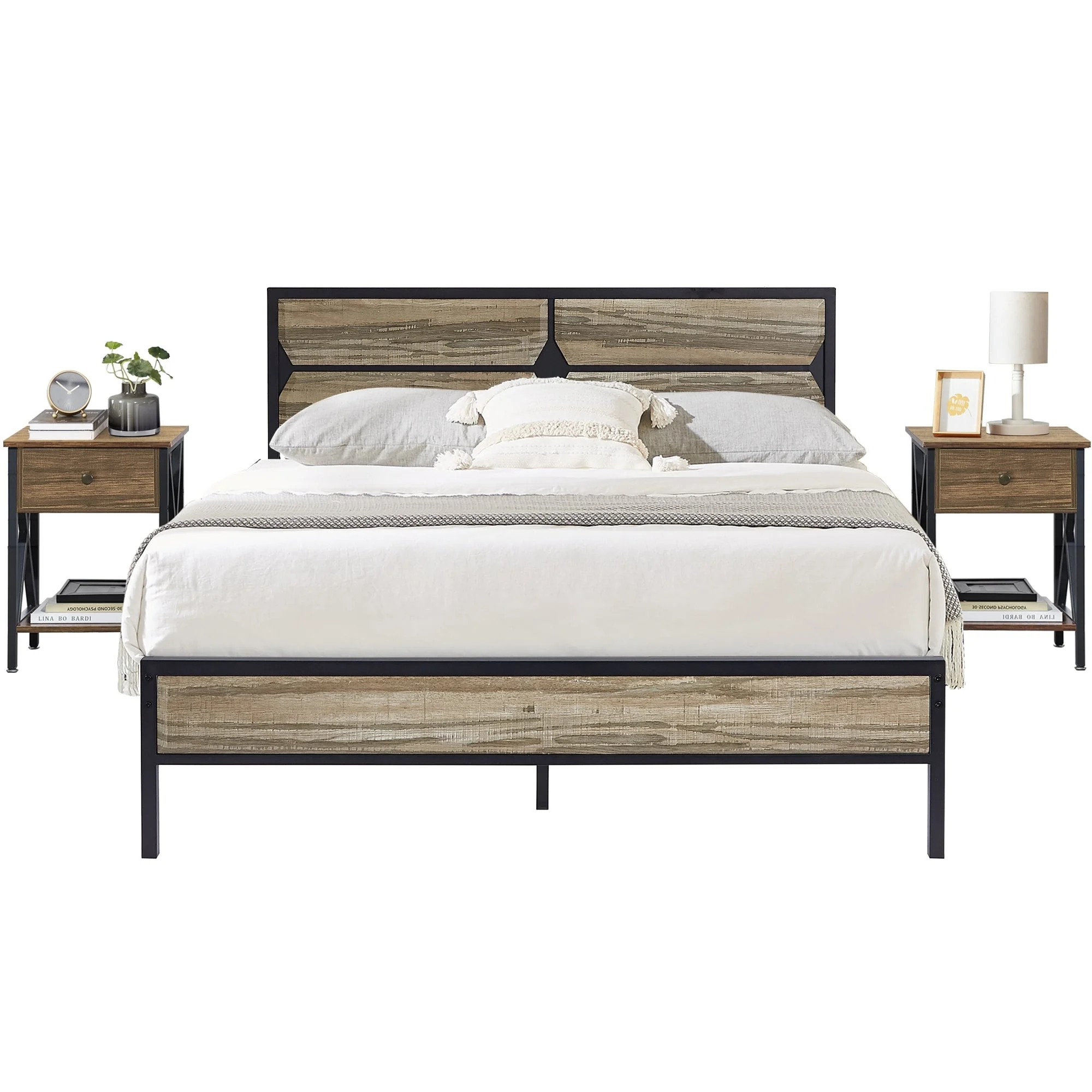 Javlergo 3-Piece Bedroom Sets Wooden Platform Bed Frame with 2 Nightstands, Bedroom Furniture, Slate Queen - 3 Piece