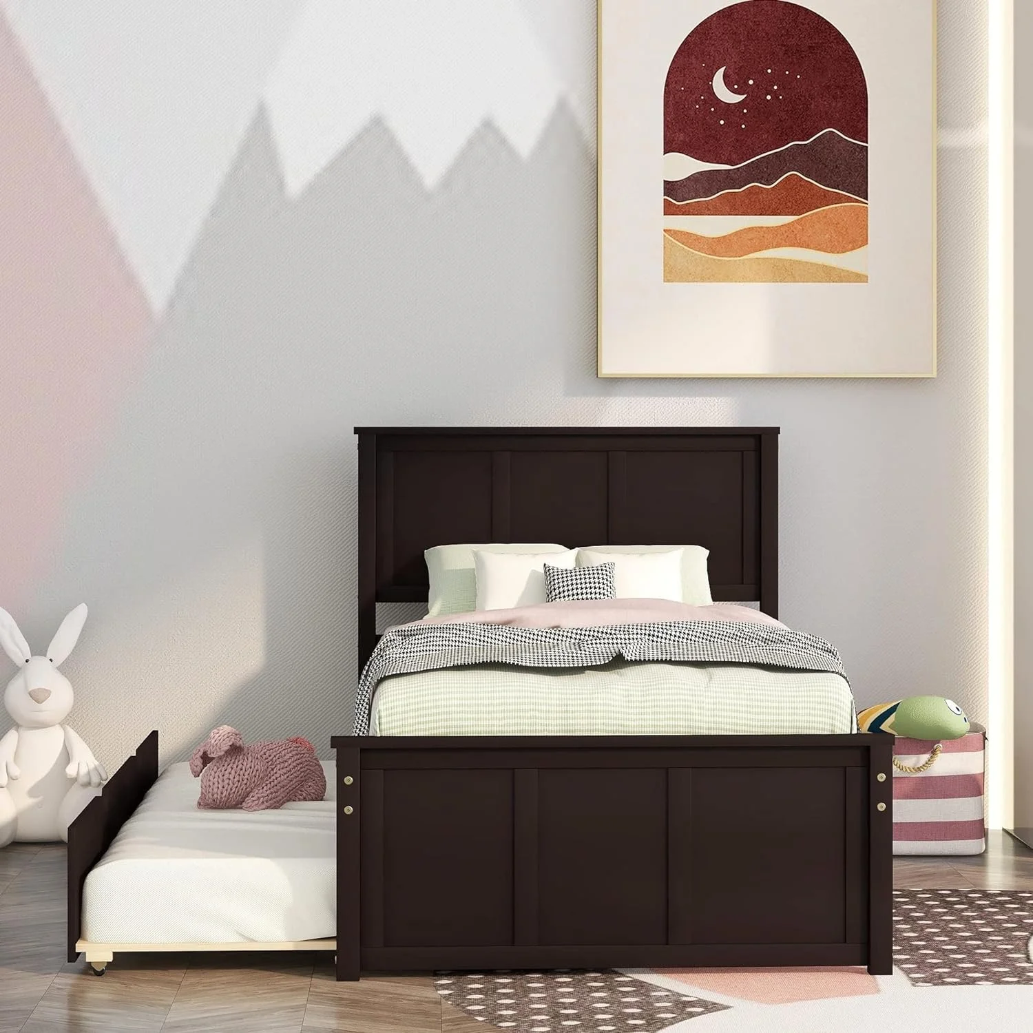 Bed Frame With Trundle, Kids Platform Bed With Pull Out Trundle,Solid Wood, No Box Spring Needed