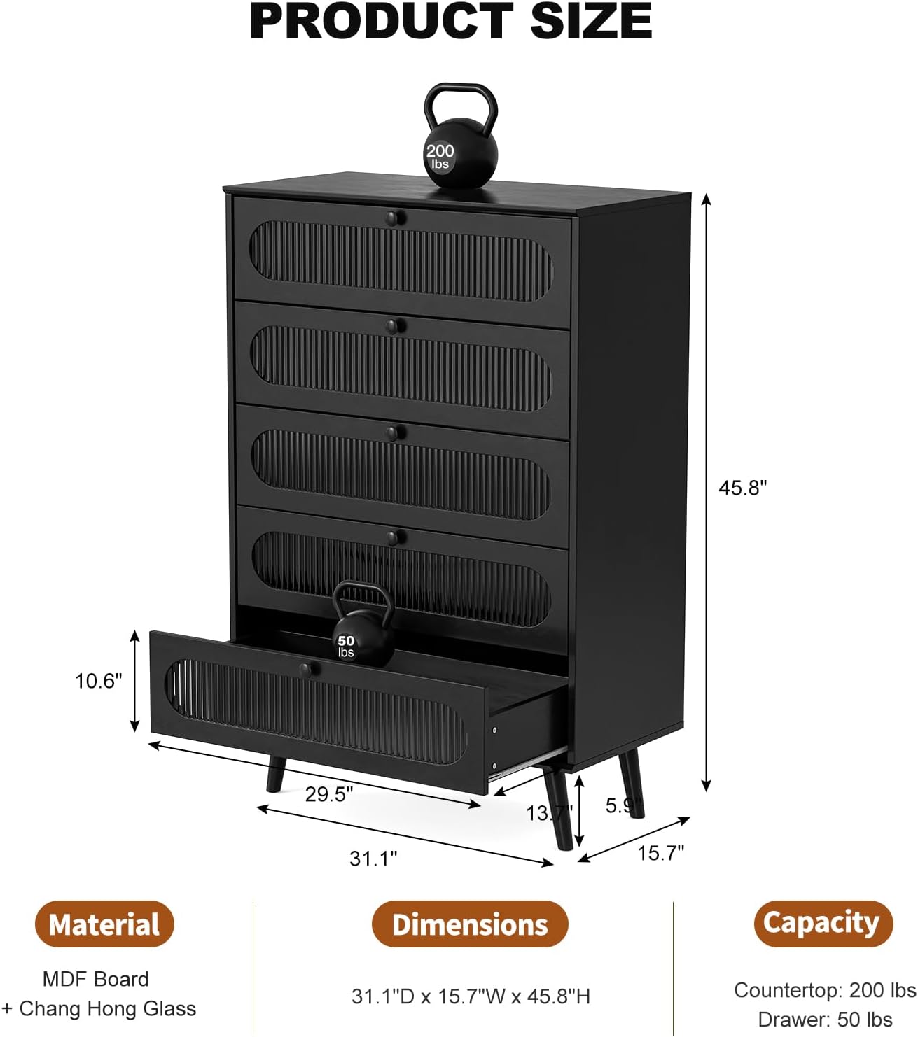 IKIFLY Glass 5 Drawers Dresser Set of 2, Modern Closet Dressers Chest of Drawers, Storage Cabinet Dresser for Bedroom Living Room Hallway-Black