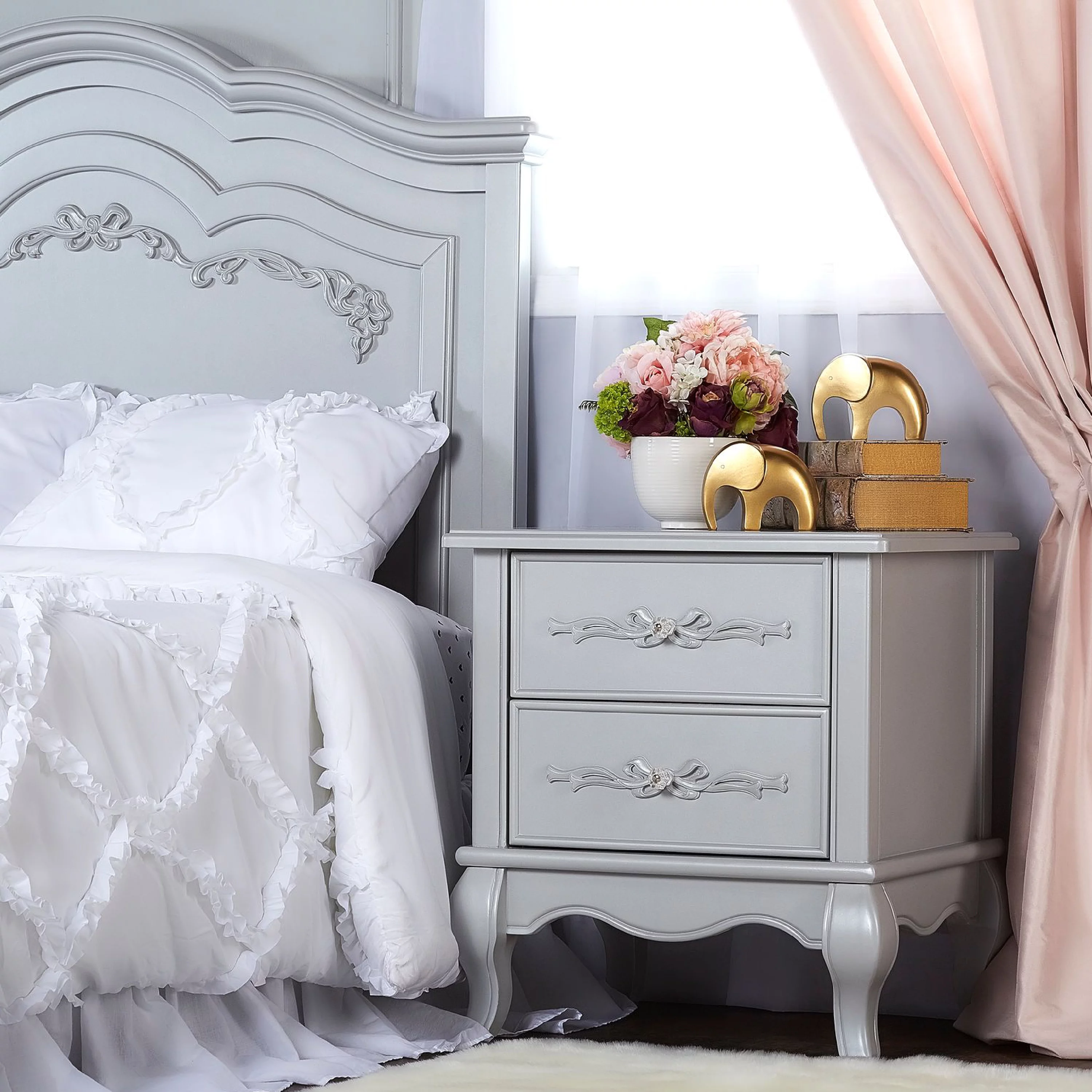 Evolur Aurora Nightstand, Akoya Grey Pearl, Ample Storage