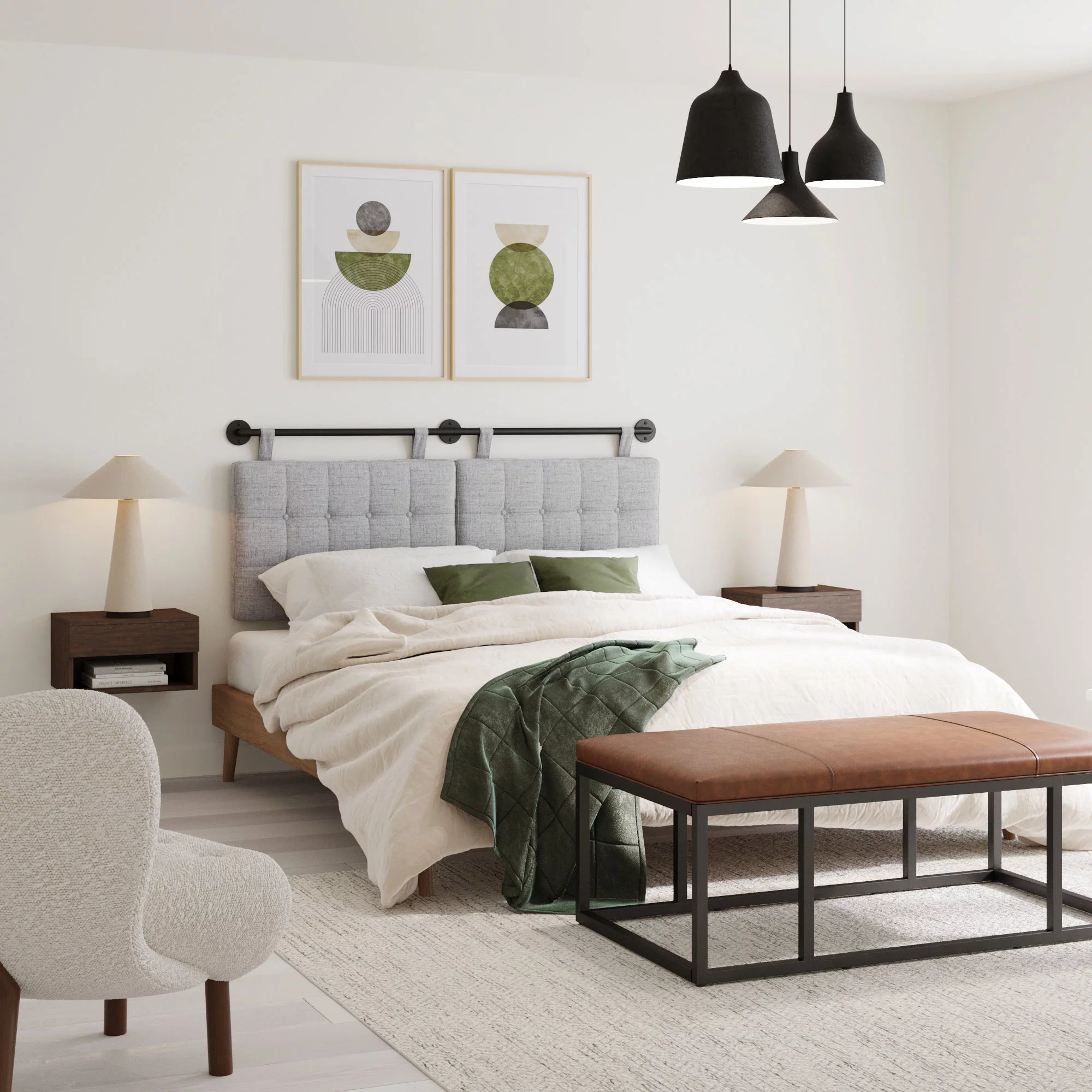 Nathan James Remi Queen Wall Mount Grey Button Tufted Headboard with Adjustable Straps