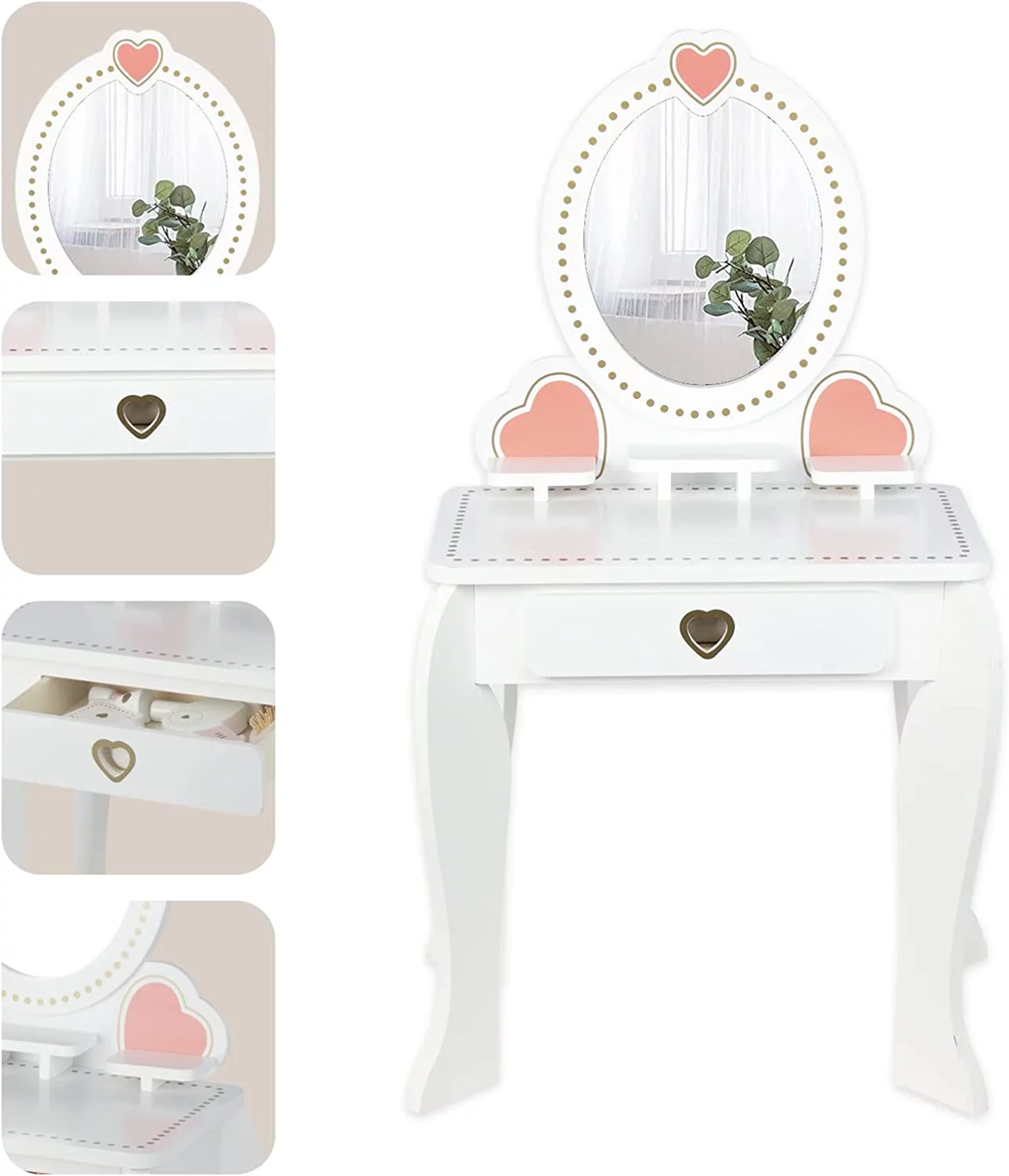 WoodenEdu Kids Vanity Set with Mirror and Stool, Beauty Makeup Vanity Table and Chair Set,White
