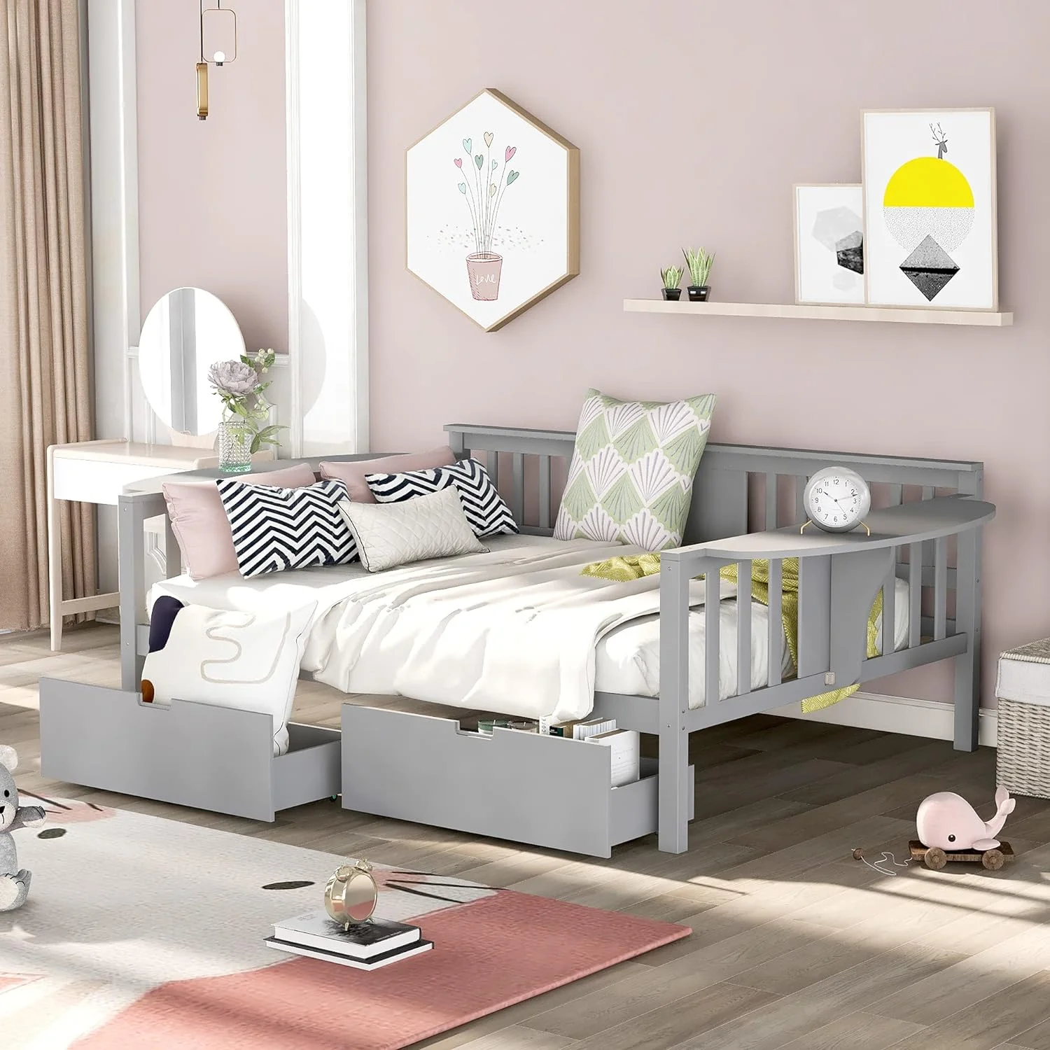Full Size Solid Wood Daybed Full Size Bed Frame Mulifuncional Sofa Bed Wih wo Drawers For Bedroom Living Room,Grey
