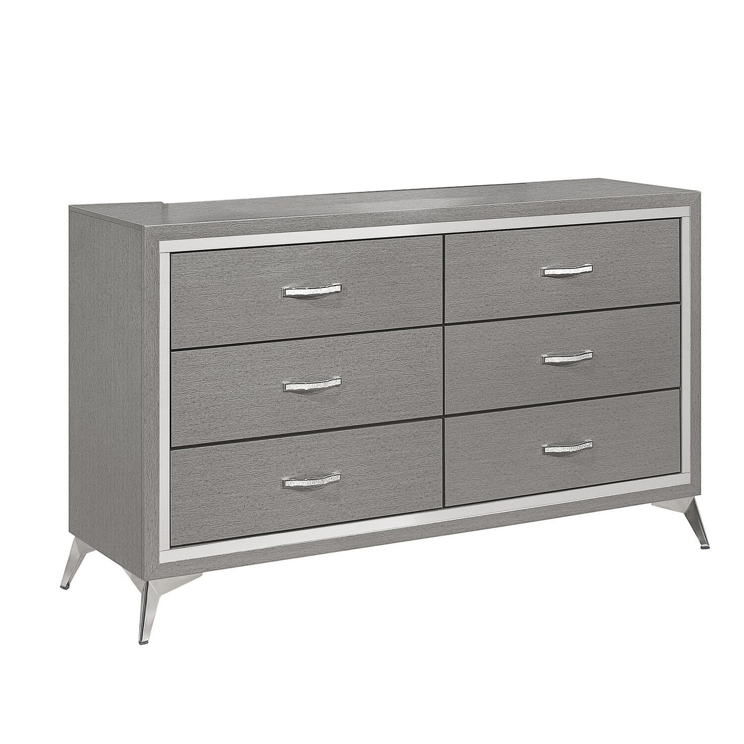 BenJara Sami 58 Inch Wide Dresser, 6 Drawers, Mirror Trim, Embossed Texture, Gray