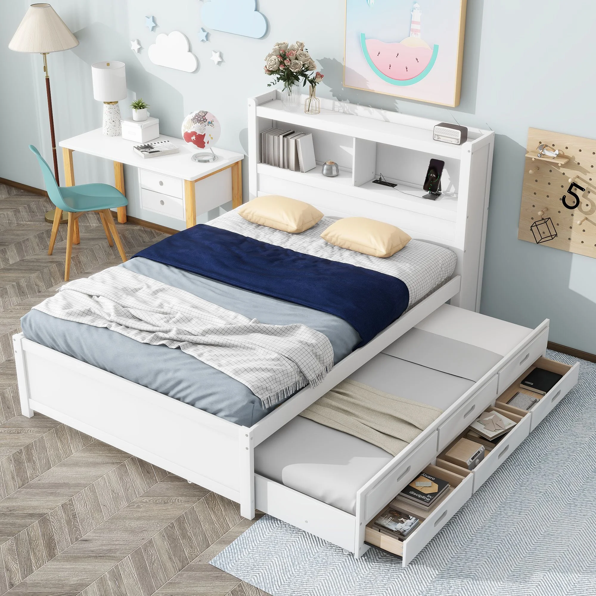 Full Wood Platform Bed Mattress Foundation with Trundle, Drawers and USB Plugs, Bed Frame Storage Bed w/ Wooden Slats for Boy Girl, No Box Spring Needed, Easy Assembly