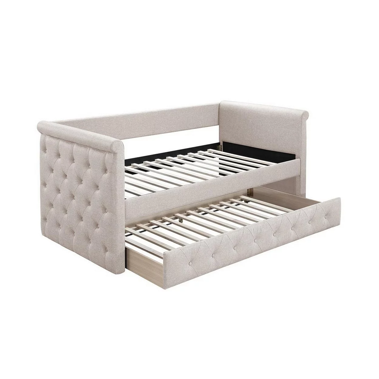 Edra Classic Upholstered Day Bed with Trundle, Button Tufted, Taupe Burlap- Saltoro Sherpi