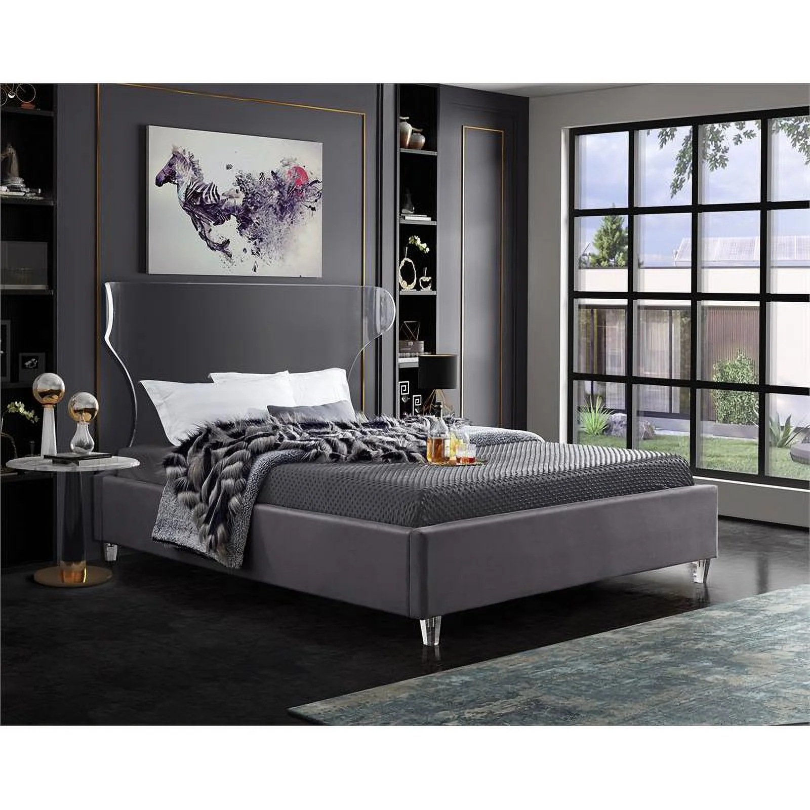 Meridian Furniture Ghost Gray Velvet King Bed