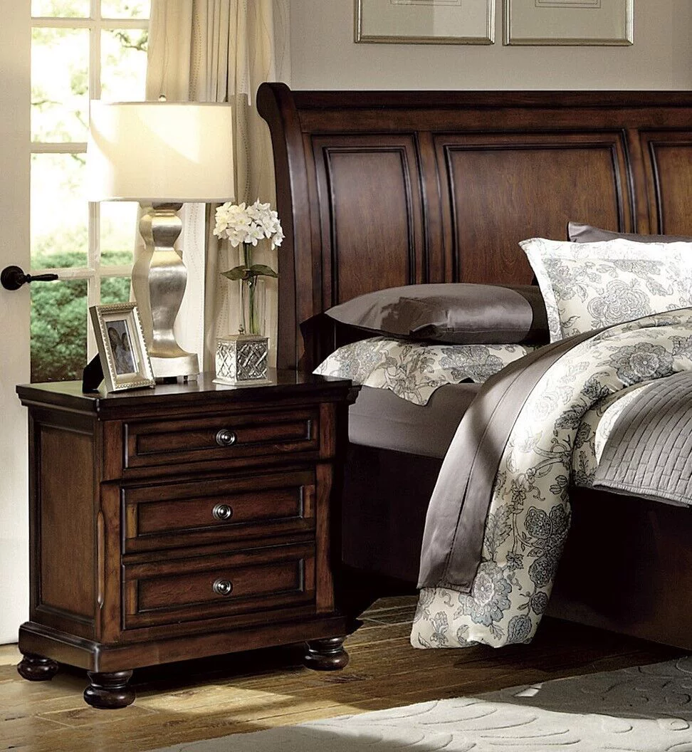 Traditional Brown Cherry Finish 4pc King Platform Bed Footboard Storage Bedroom Set Nightstand Dresser Mirror