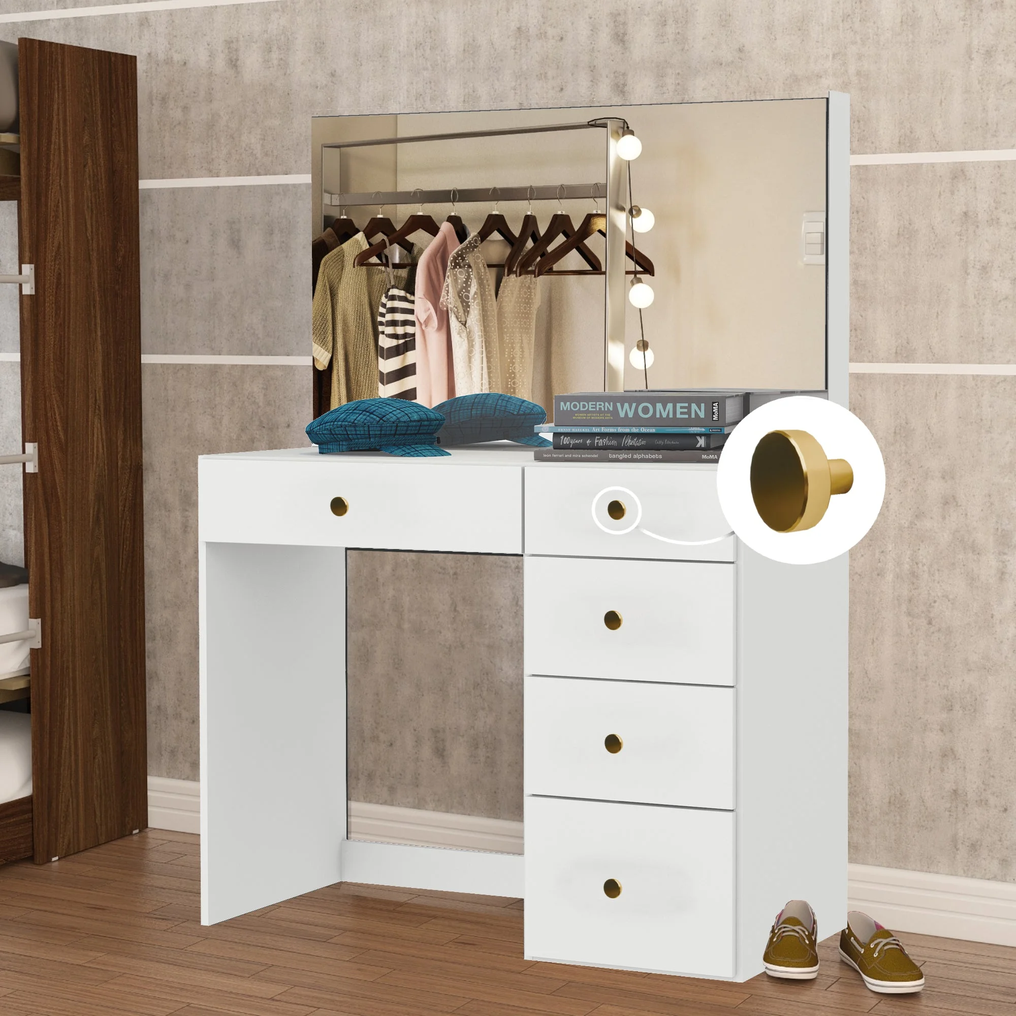 Boahaus Kira PRO Modern Makeup Vanity, 5 Drawers, Mirror, Golden Knobs, White, for Bedroom