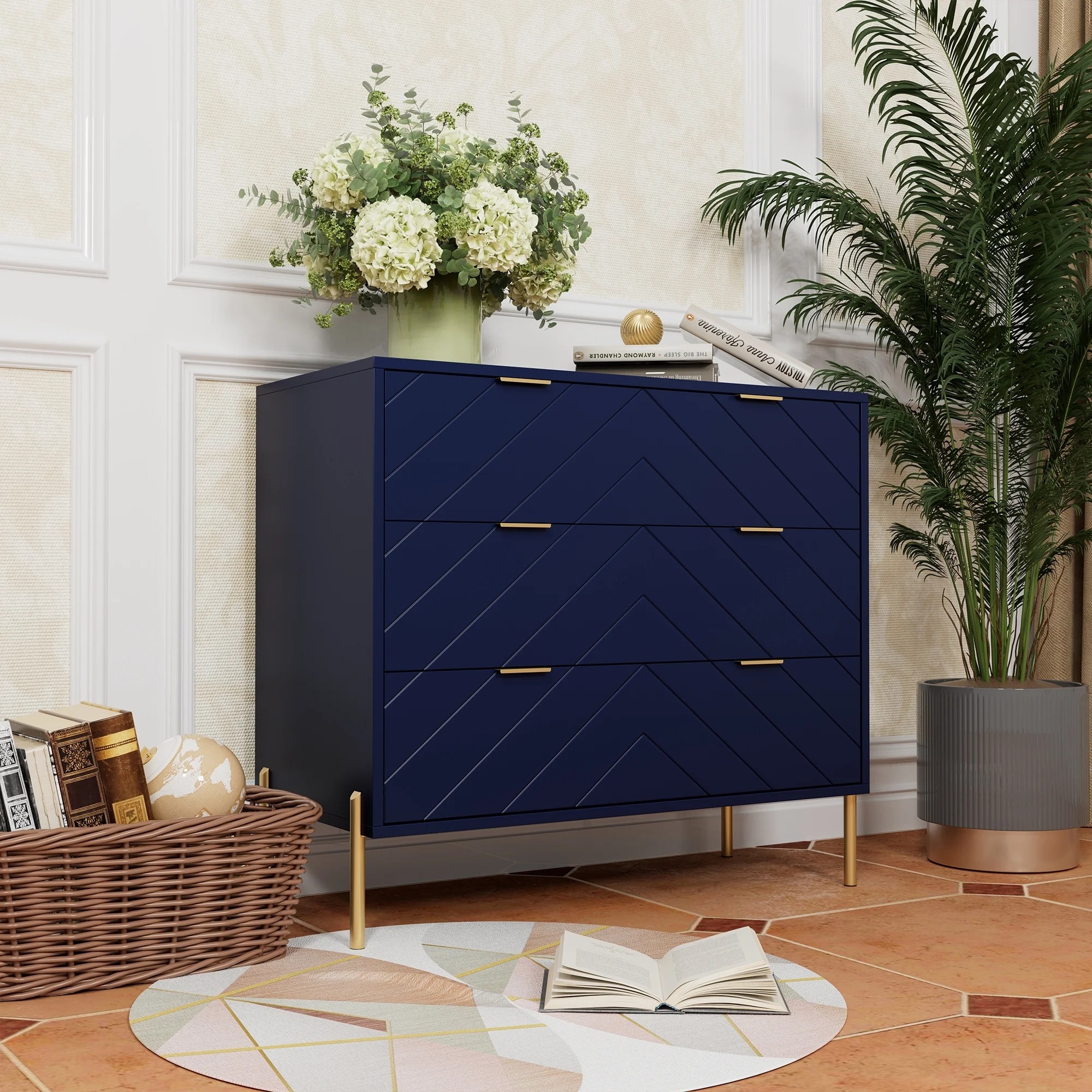 Clihome 3-Drawer Storage Chest Dresser for Bedroom Blue