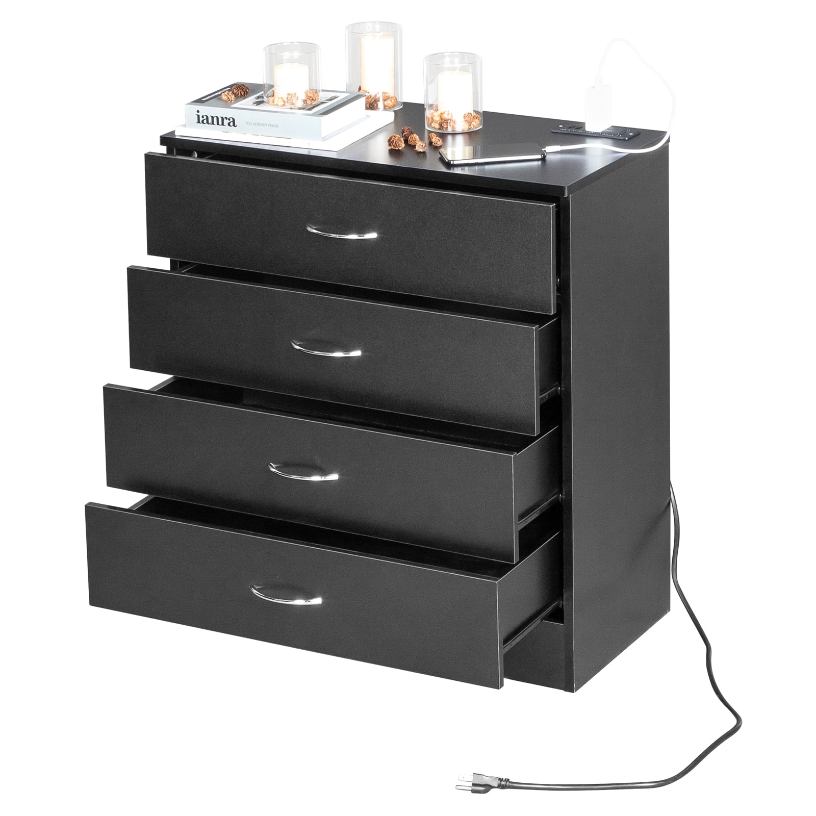 UBesGoo Dresser with 2 Power Outlets & 2 USB, Chest of 4 Drawers, Vanity dresser with charging station, for Bedroom Living Room, Black