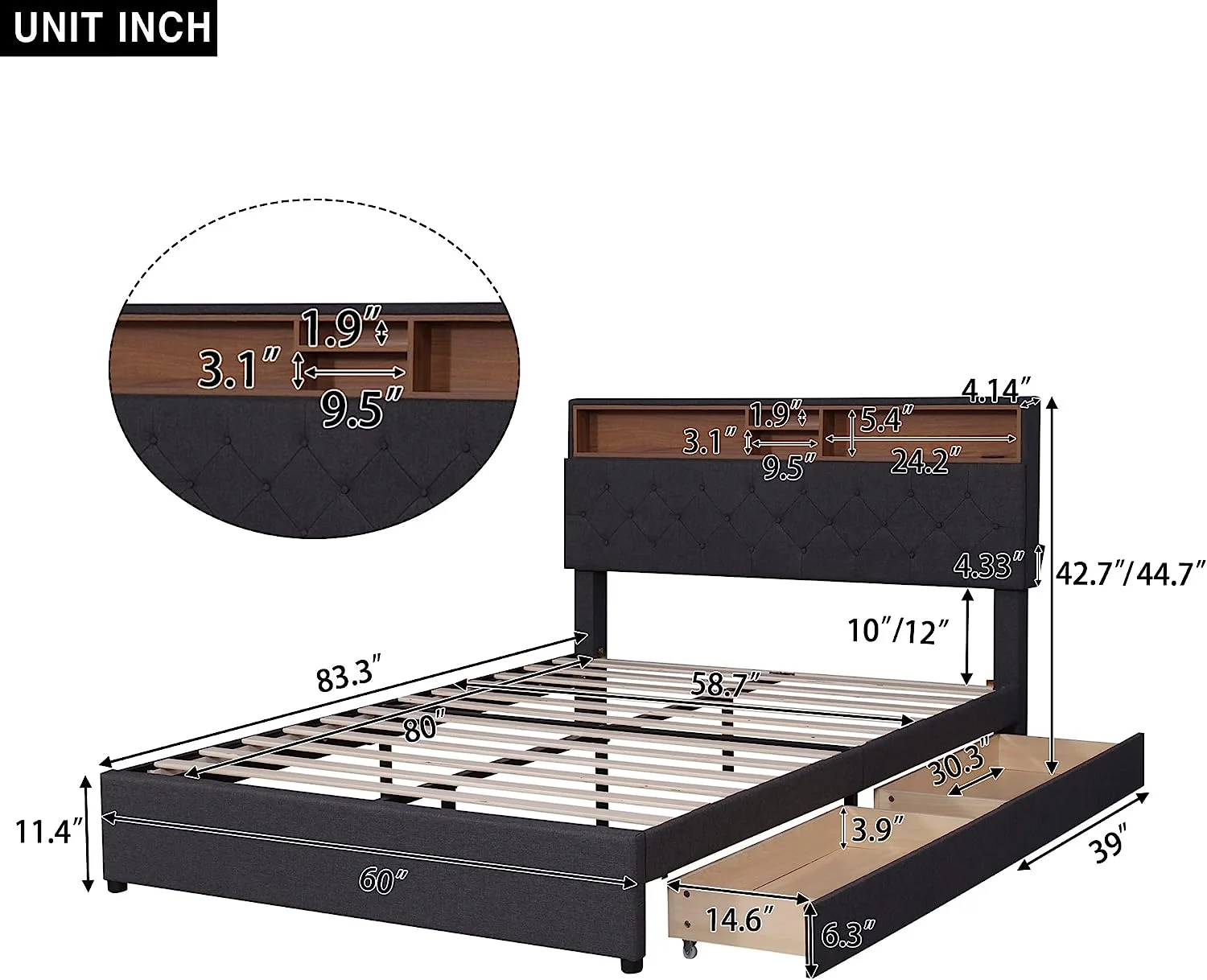 Queen Bed With Storage Headboard, LED, USB Charging And 2 Drawers, Linen Fabric Upholstered Platform Bed Wood Frame, No Box Spring Needed (Queen Size, Dark Gray)