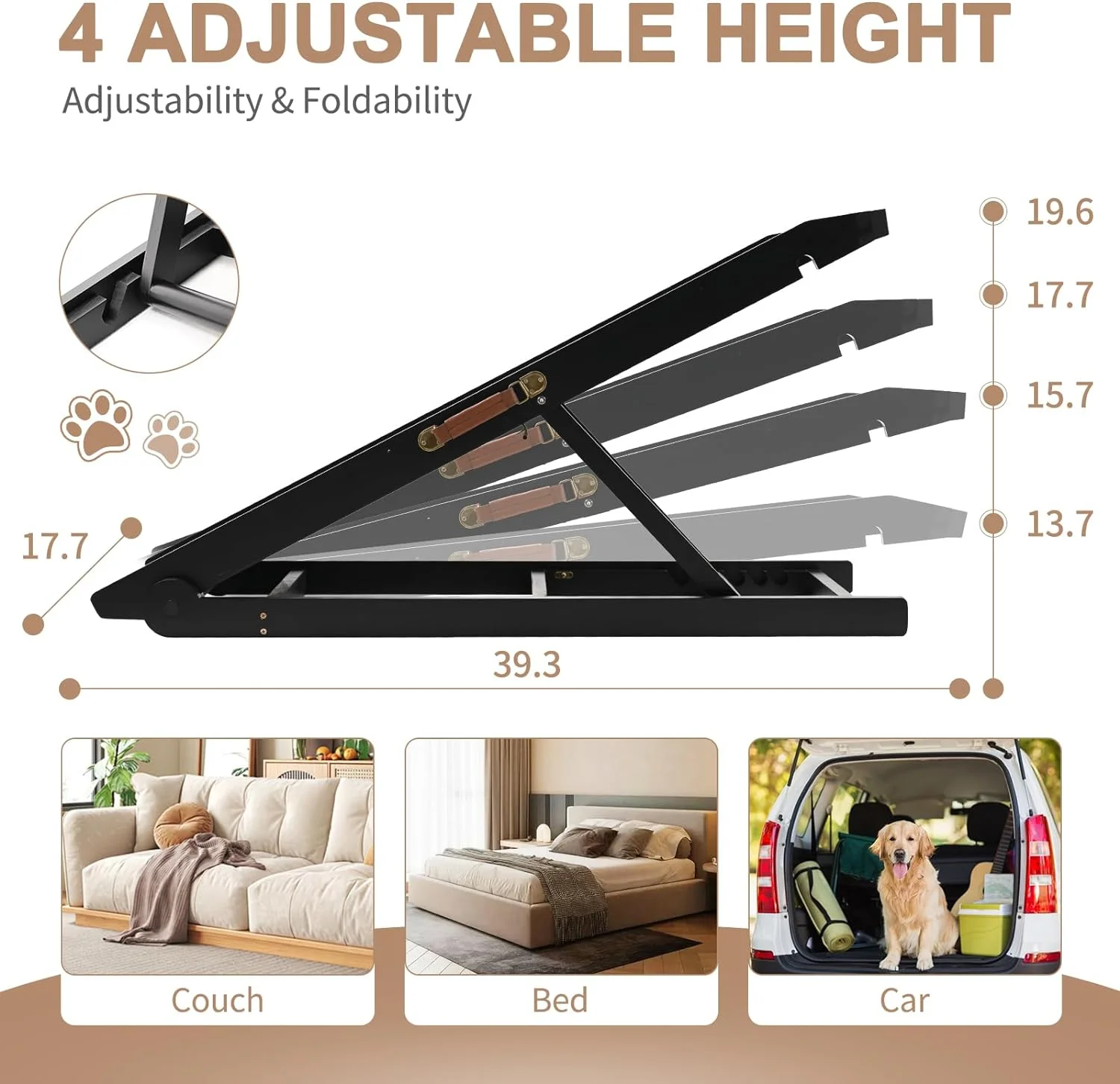 Slsy Dog Ramp, Upgrade Rubber Mat Folding Wooden Pet Ramp, 4 Adjustable Heights 13.7'' to 19.6'' for Bed,Couch,Car,Great for Small & Large Old Dogs & Cats, Supports up to 150 lbs