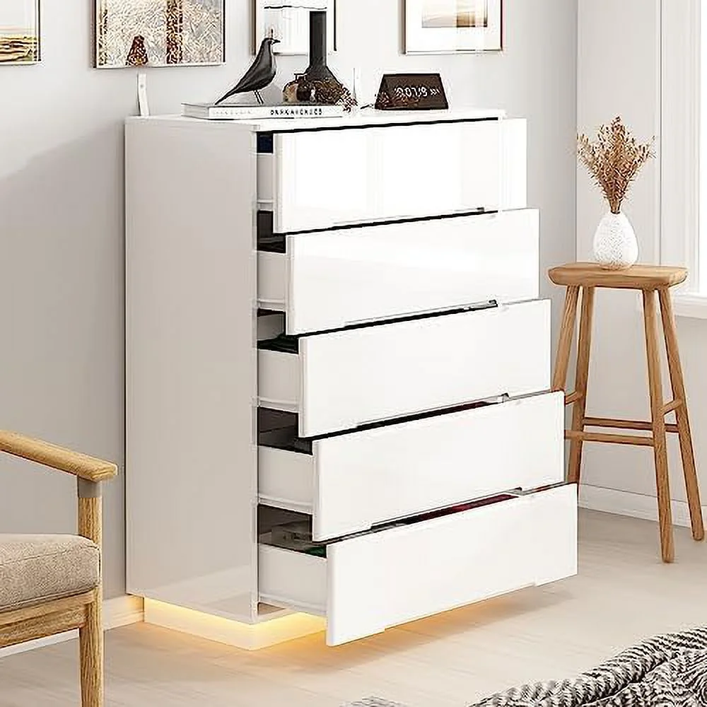 RUNFAYBIU Tall 5 Drawer Dresser with LED Light Modern Dresser Chest of Drawers with High Gloss Surface for Bedroom Black (31.5\u201DW x 15.7\u201DD x 42.6\u201DH)