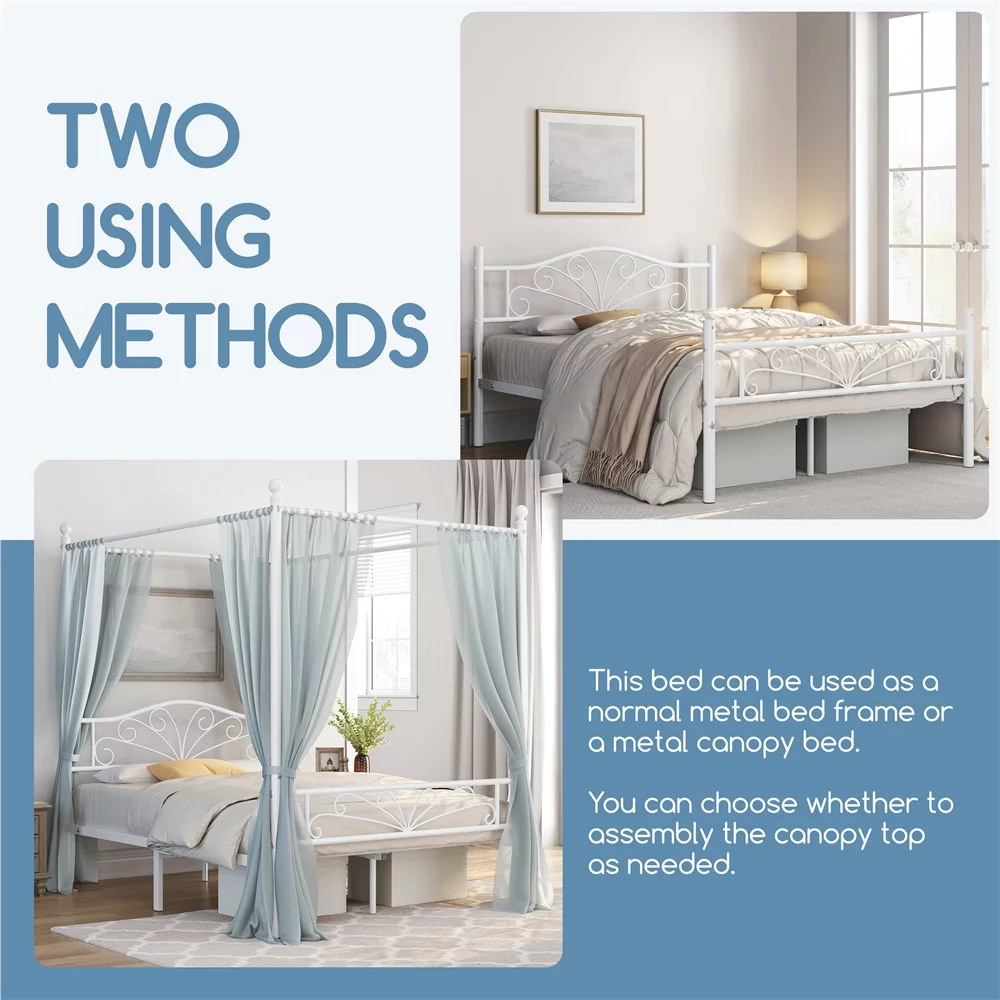 Topeakmart Four-poster Metal Canopy Platform Bed with Arched Headboard and Footboard, Queen Size, White