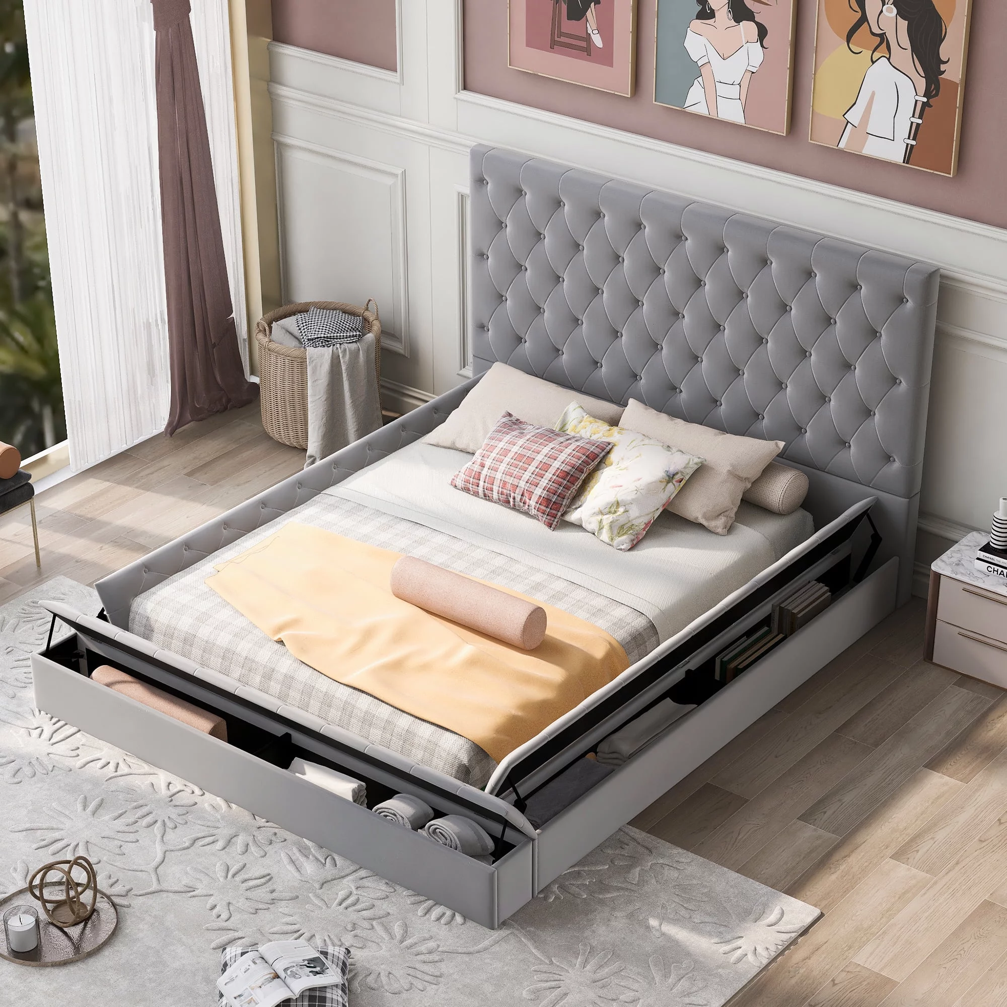 Full Size Upholstery Low Profile Storage Platform Bed with Storage Space on both Sides and Footboard,Gray