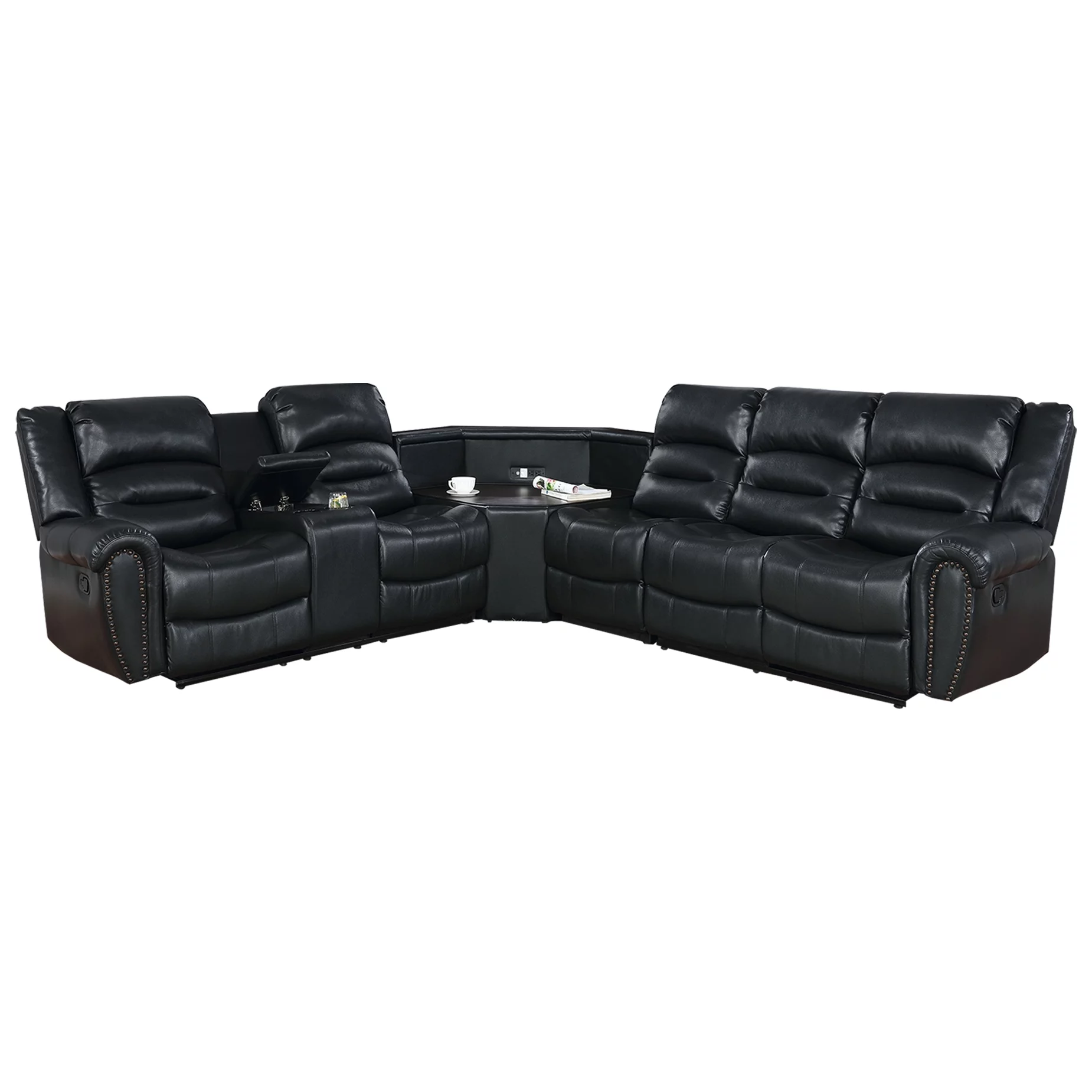Nathaniel Home PU Leather Sectional Sofa Set, Reclining Couch for Living Room with Cup Holders, Love Seat with Wedge Wood Table, 5 Seater Theater Seating with Storage, Jet Black