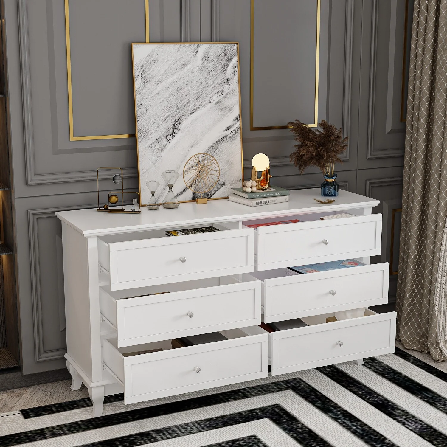 Lacquer Dresser for Bedroom with Deep Drawers Wooden 6 Drawers Chest White
