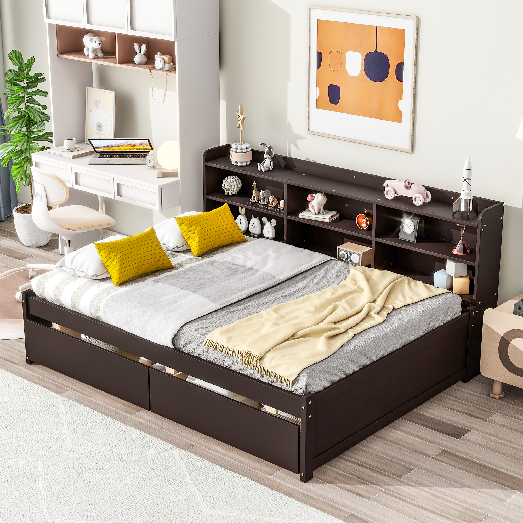 Espresso Full Bed with Side Bookcase, Drawers for Storage