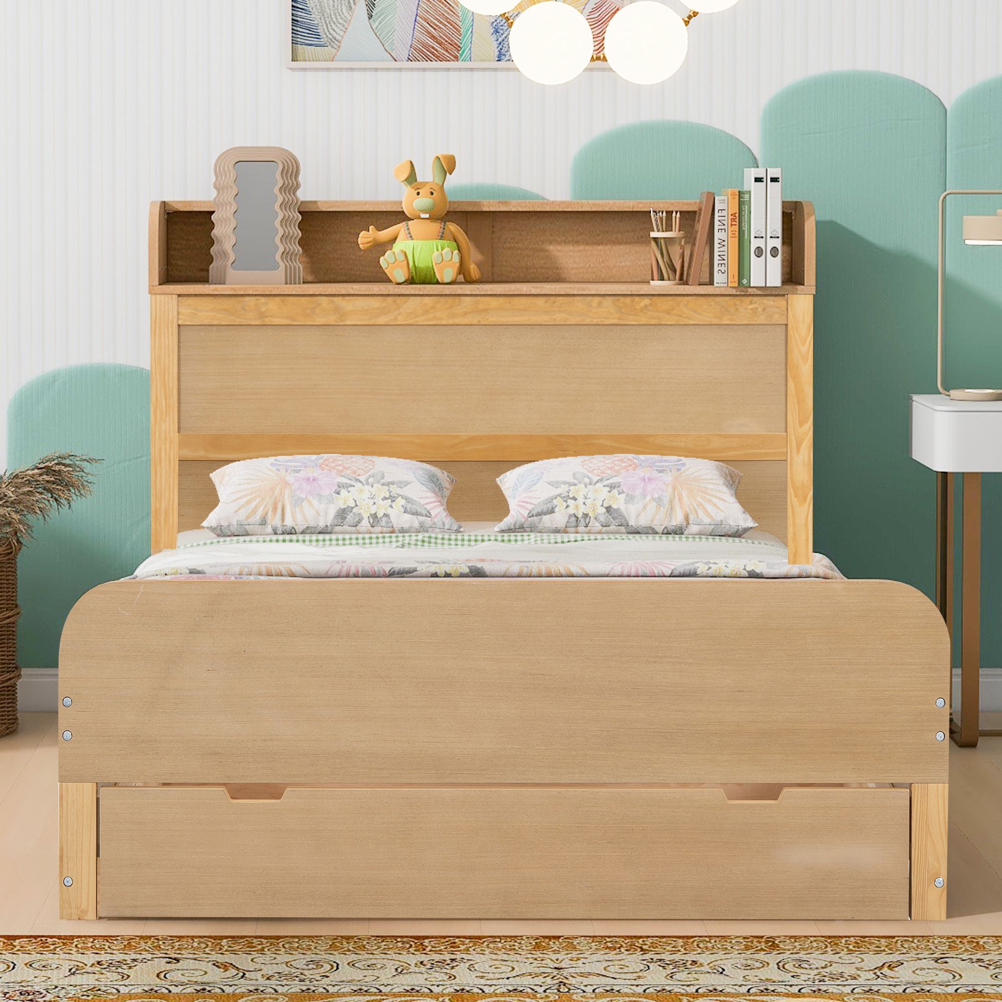 Full Size Sturdy Construction Solid Wood Bed Frame with Storage Headboard and a Big Drawer, Platform Bed Frame, Mid Century Bedframe, Wood Foundation(Wood, Full)