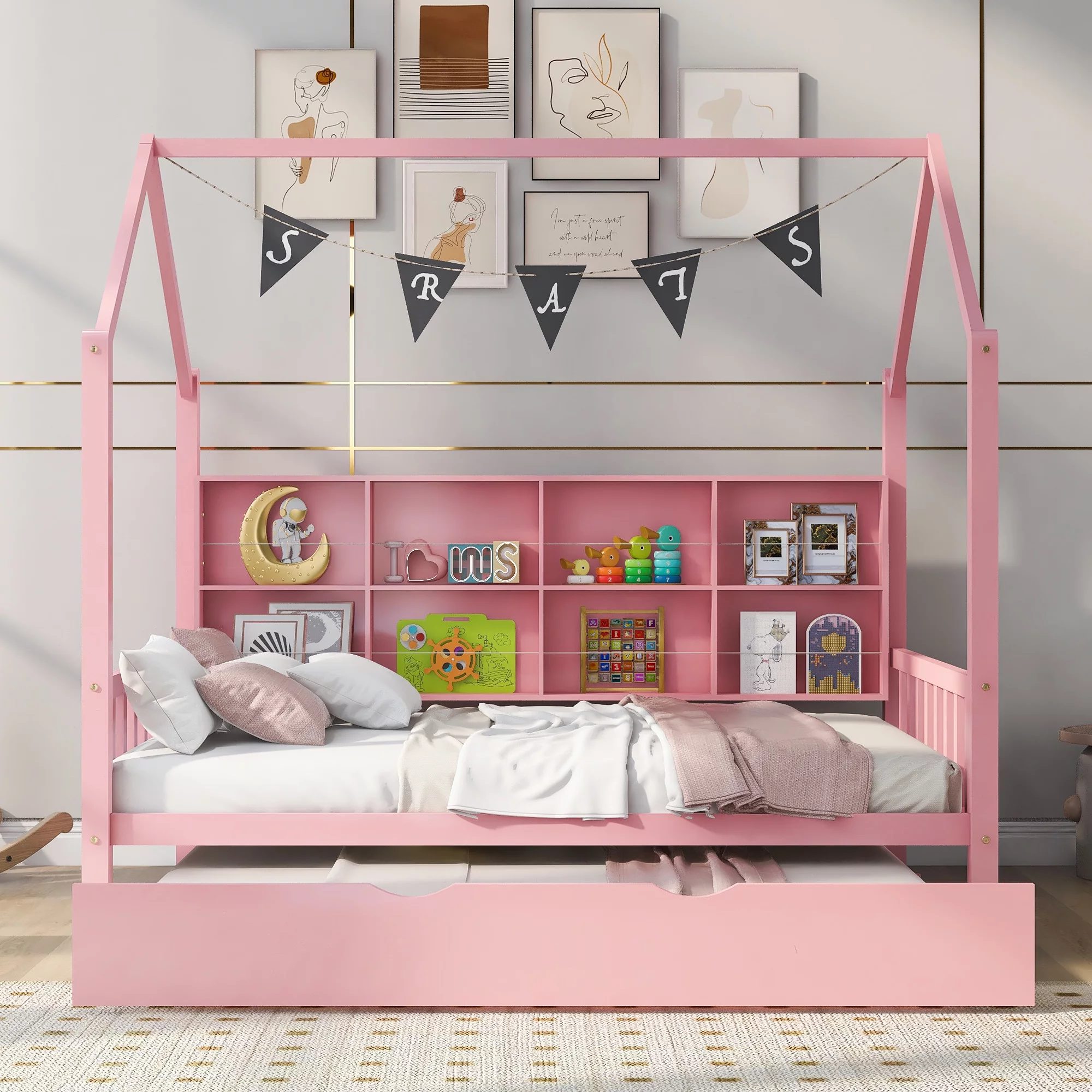 CoSoTower Wooden Full Size House Bed with Trundle, Kids Bed with Shelf, Pink